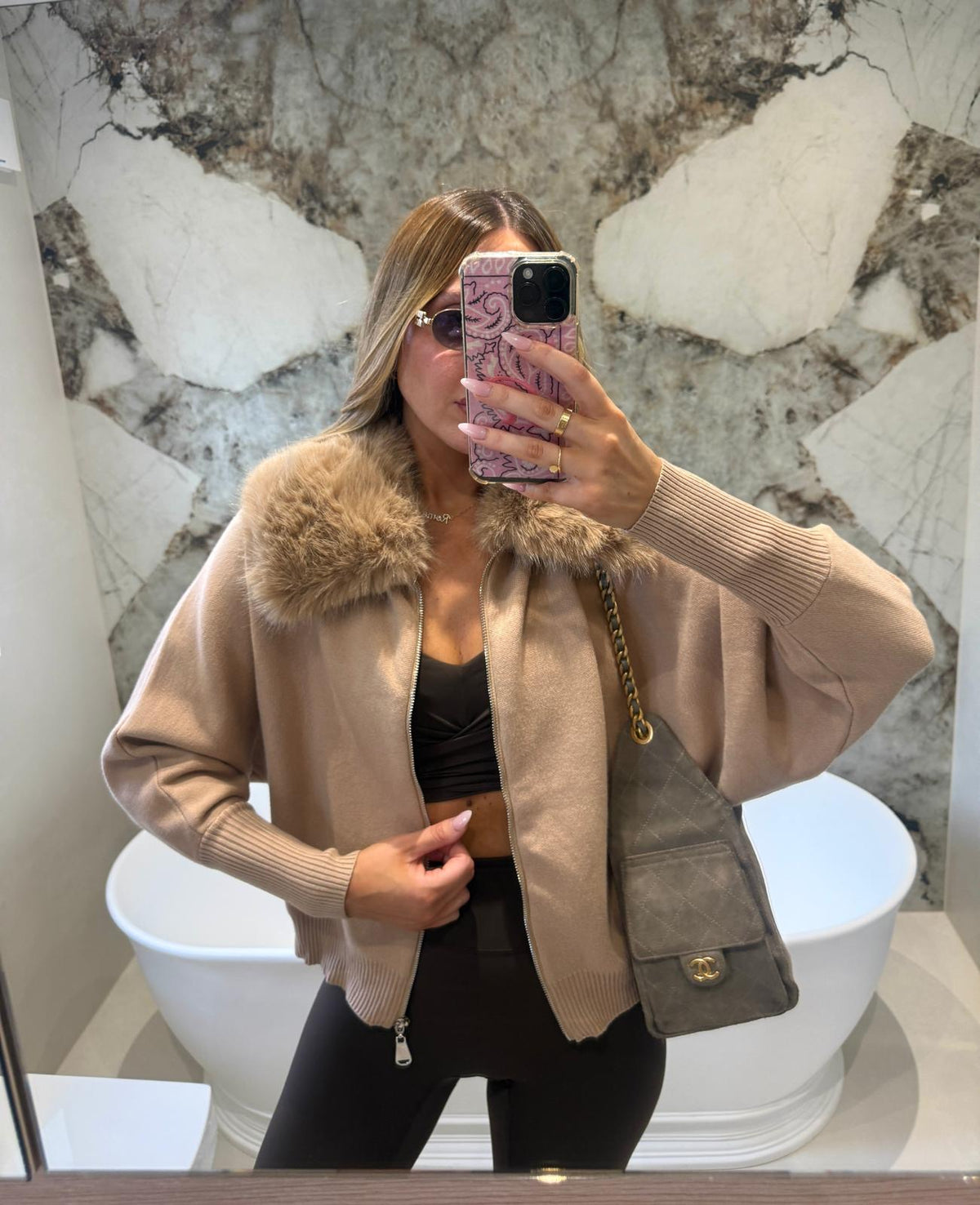 Collar fur cardigan - beige