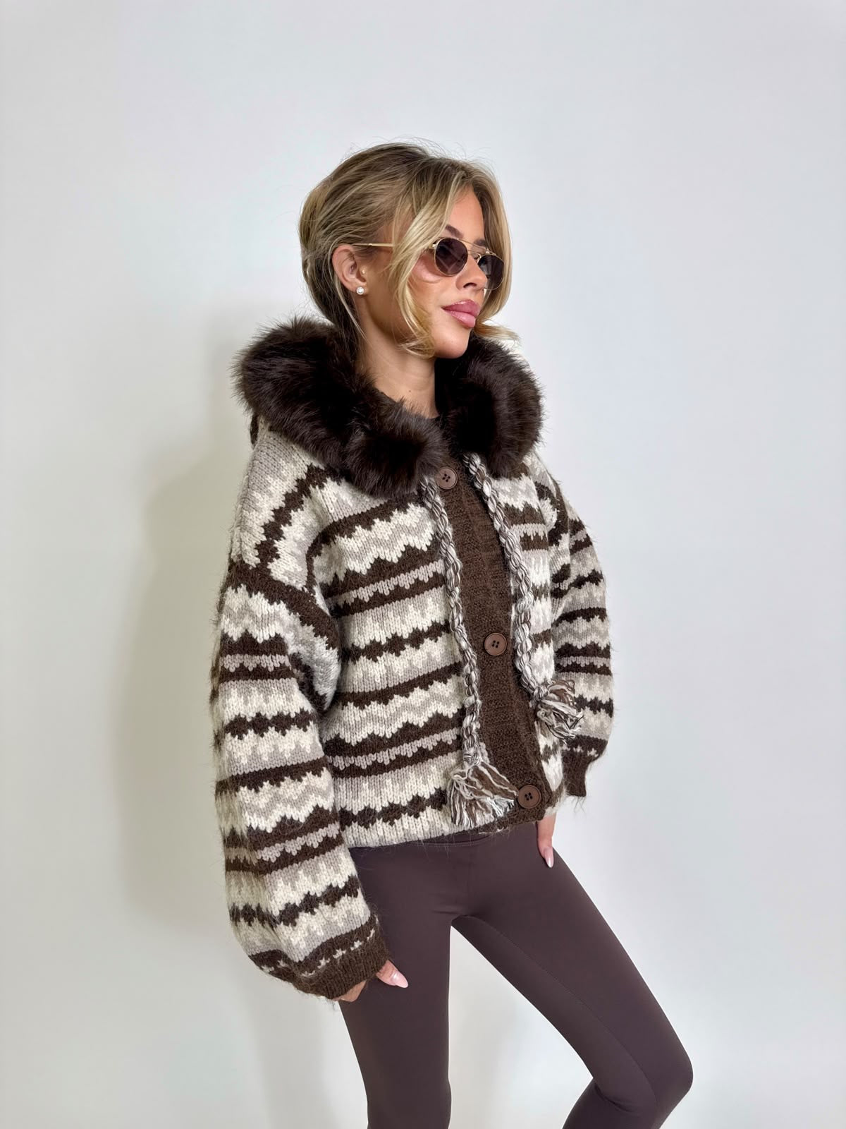 Aztec faux fur cardigan - brown