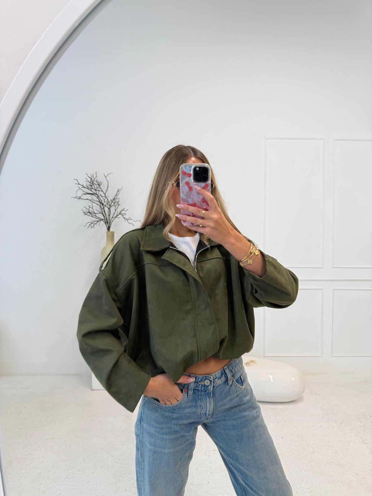 Suede zip jacket - khaki