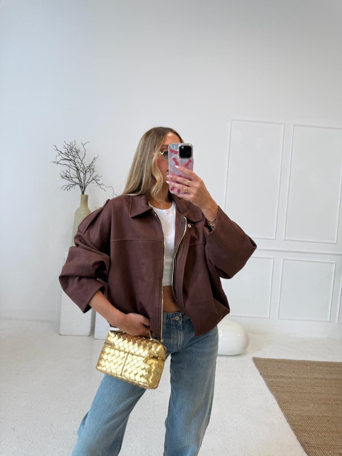 Suede zip jacket - brown