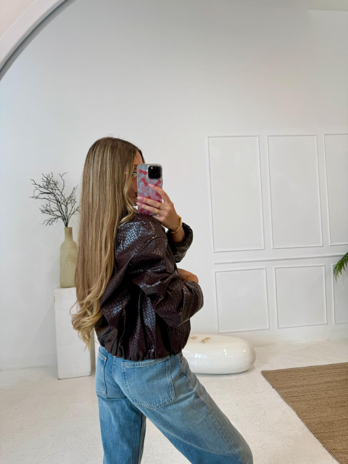 Faux leather texture collar jacket