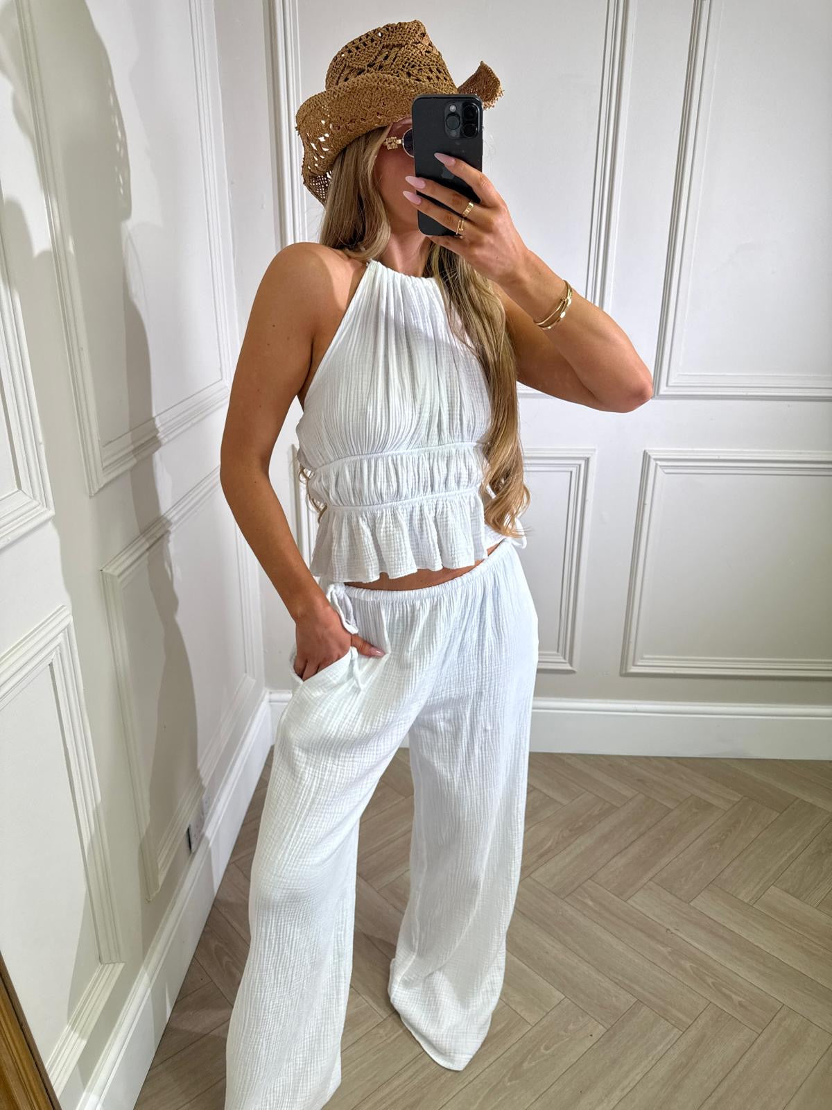 Olivia cheesecloth trouser set - white