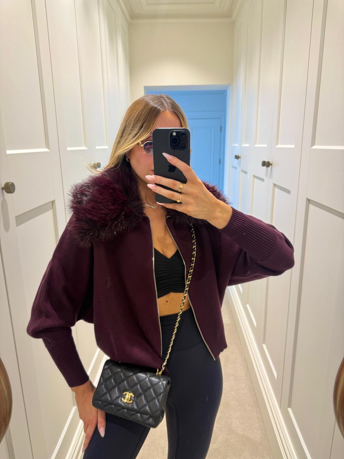 Collar fur cardigan - wine