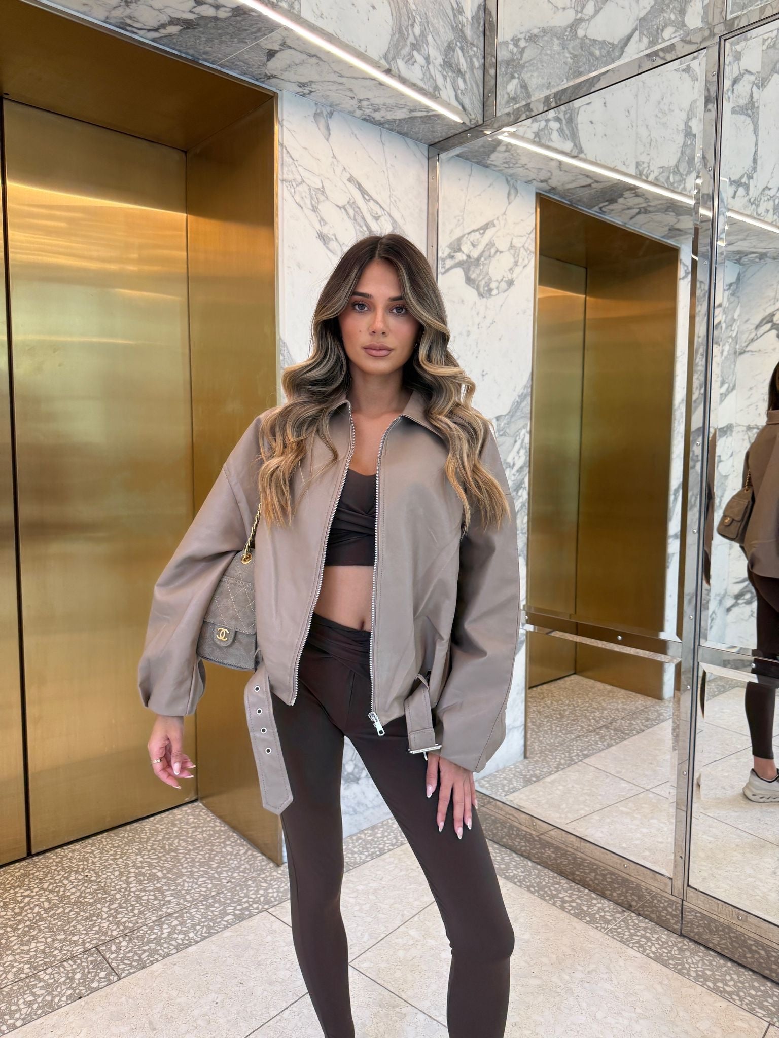 Faux leather belt jacket - mocha
