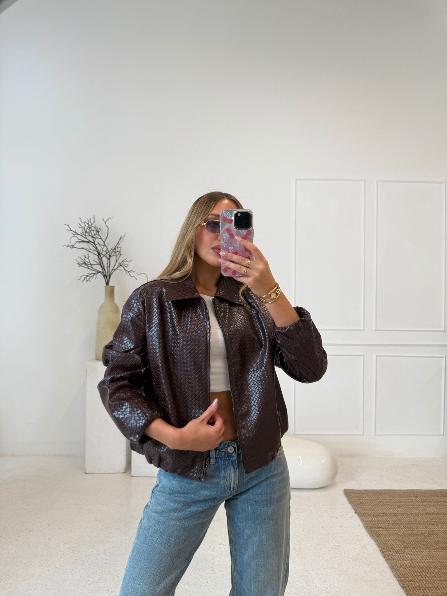 Faux leather texture collar jacket