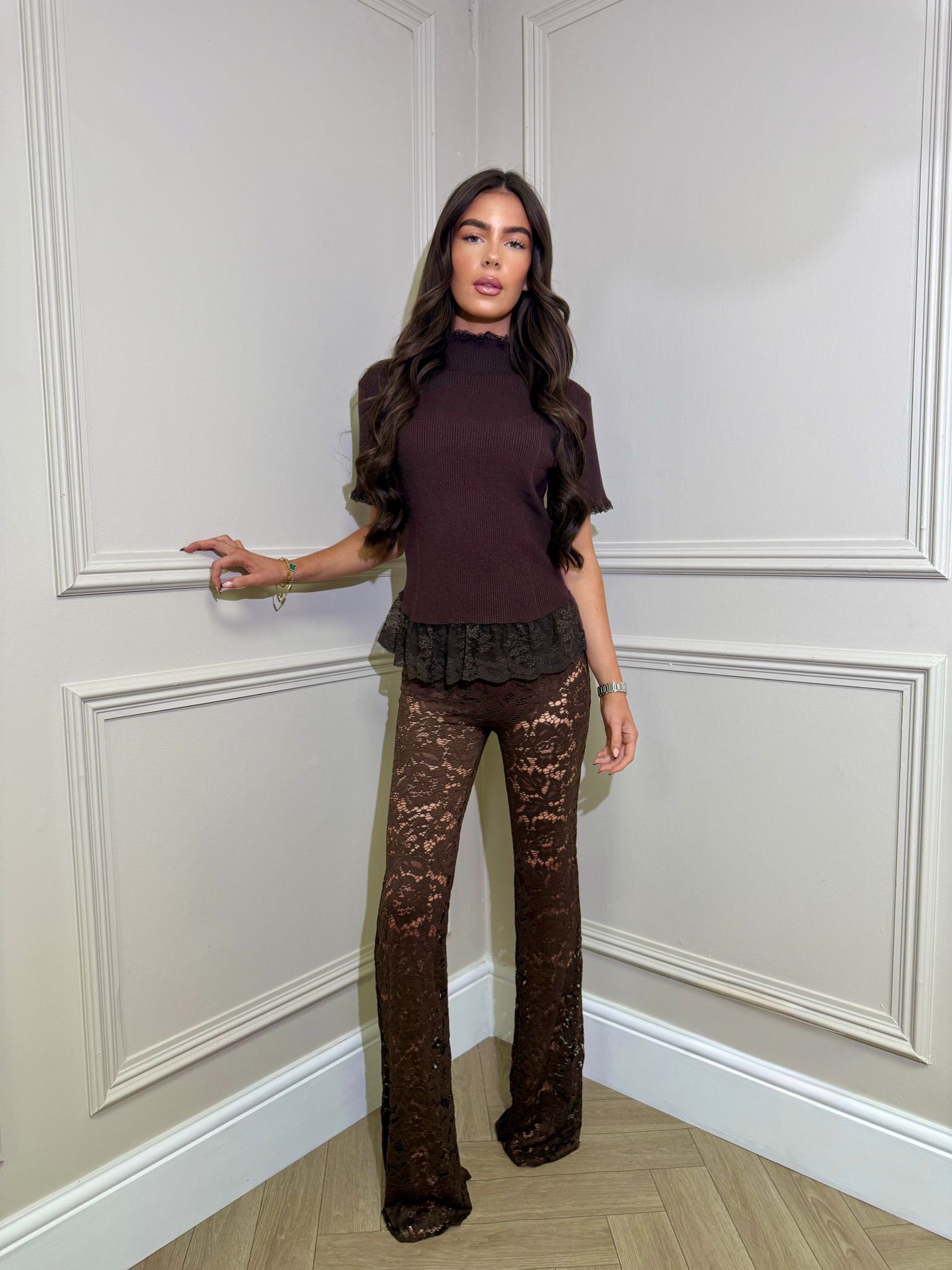 Lace knit top - chocolate