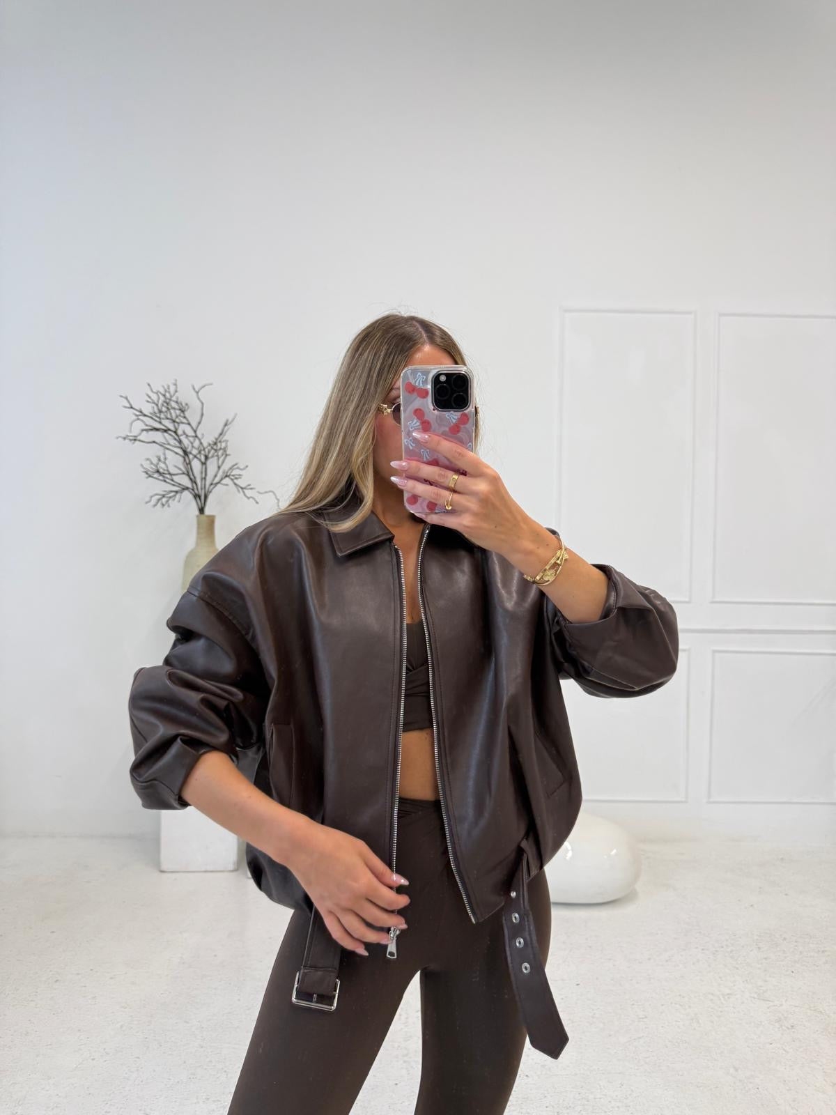 Faux leather belt jacket - chocolate