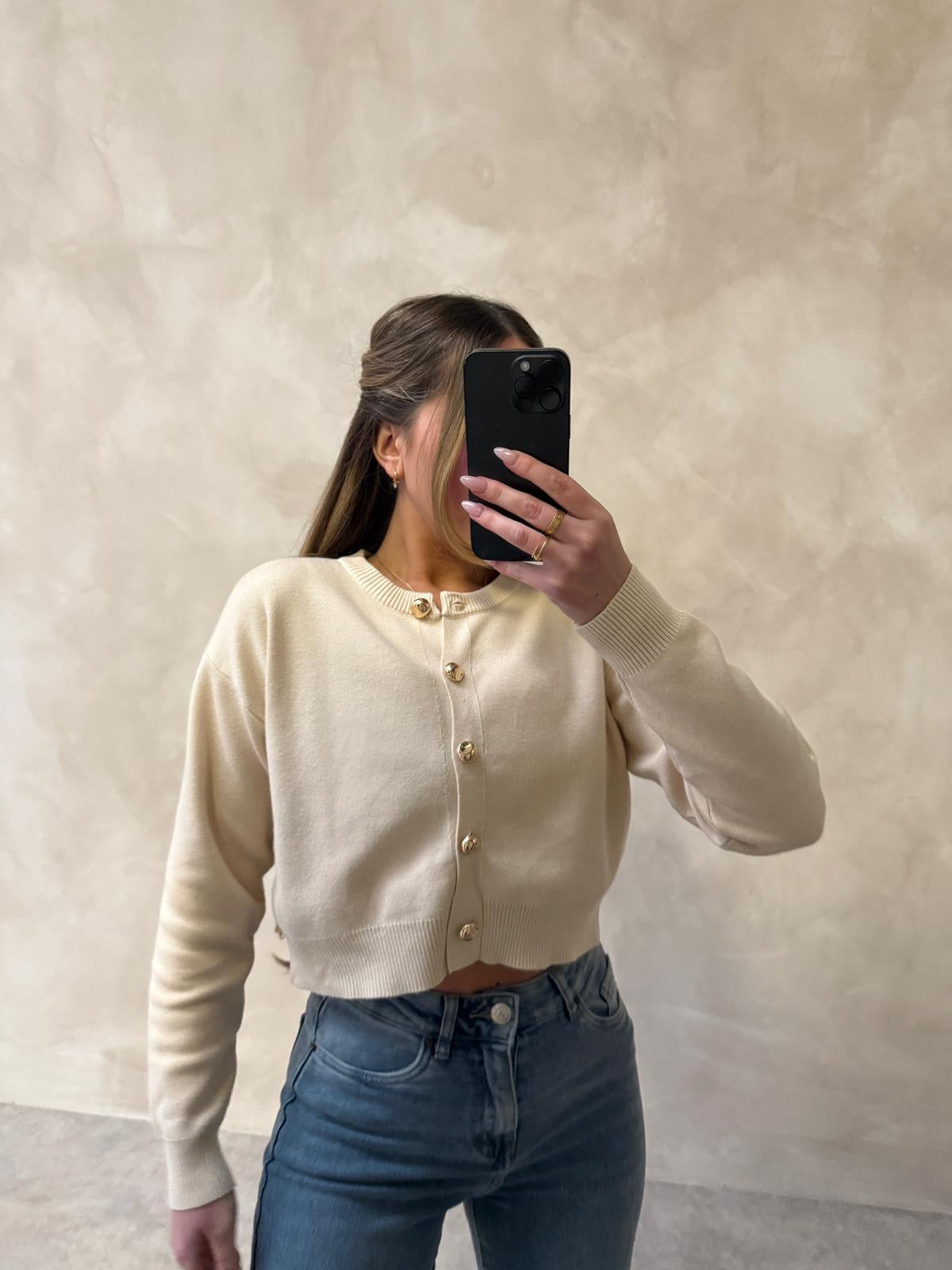 Gold button cropped cardigan - cream