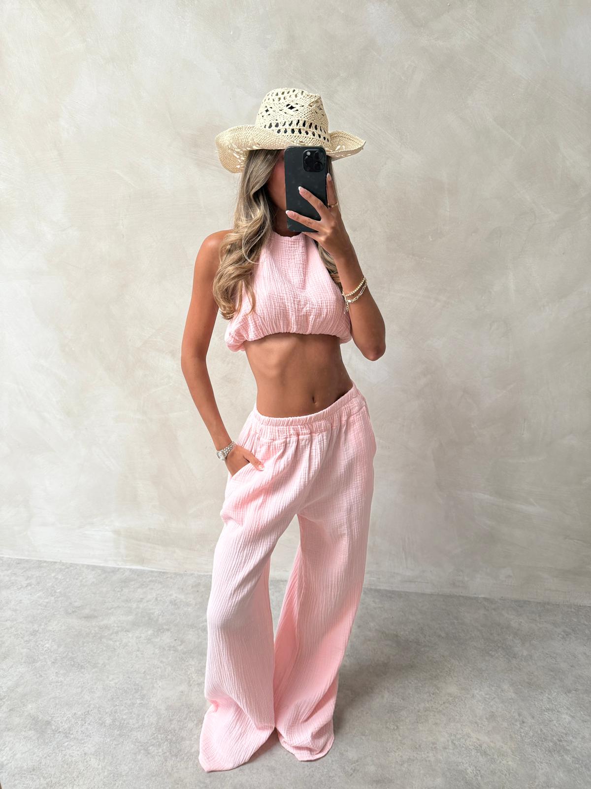 Ibiza Cheesecloth halterneck set - baby pink