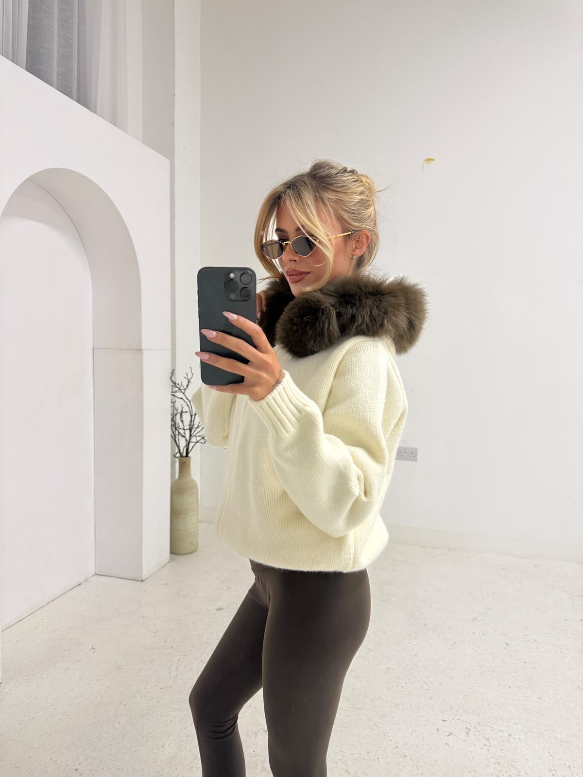 Luxury Fur Cardigan Jacket -  cream with brown fur PRE ORDER