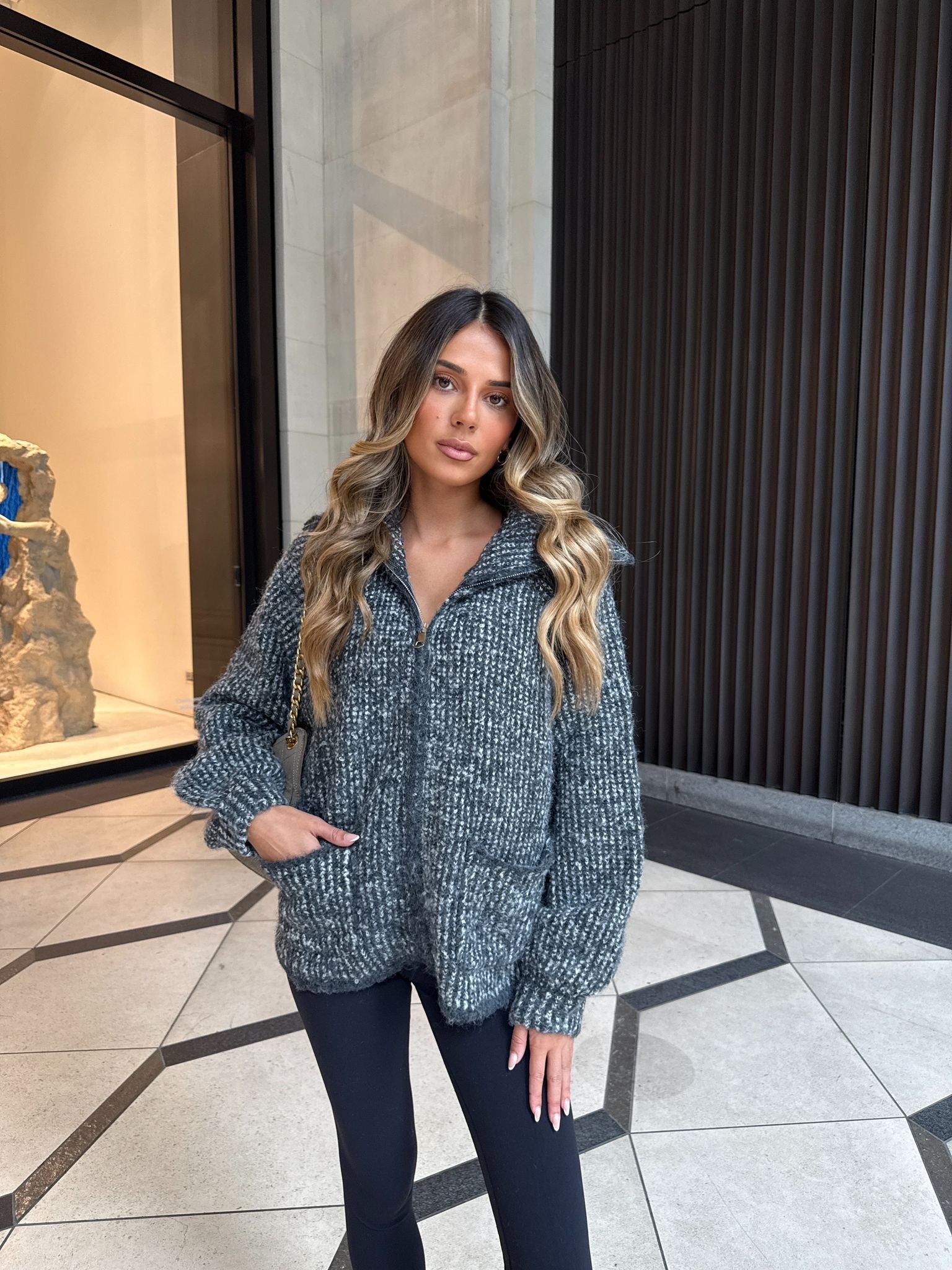 Chunky knit zip cardigan - grey