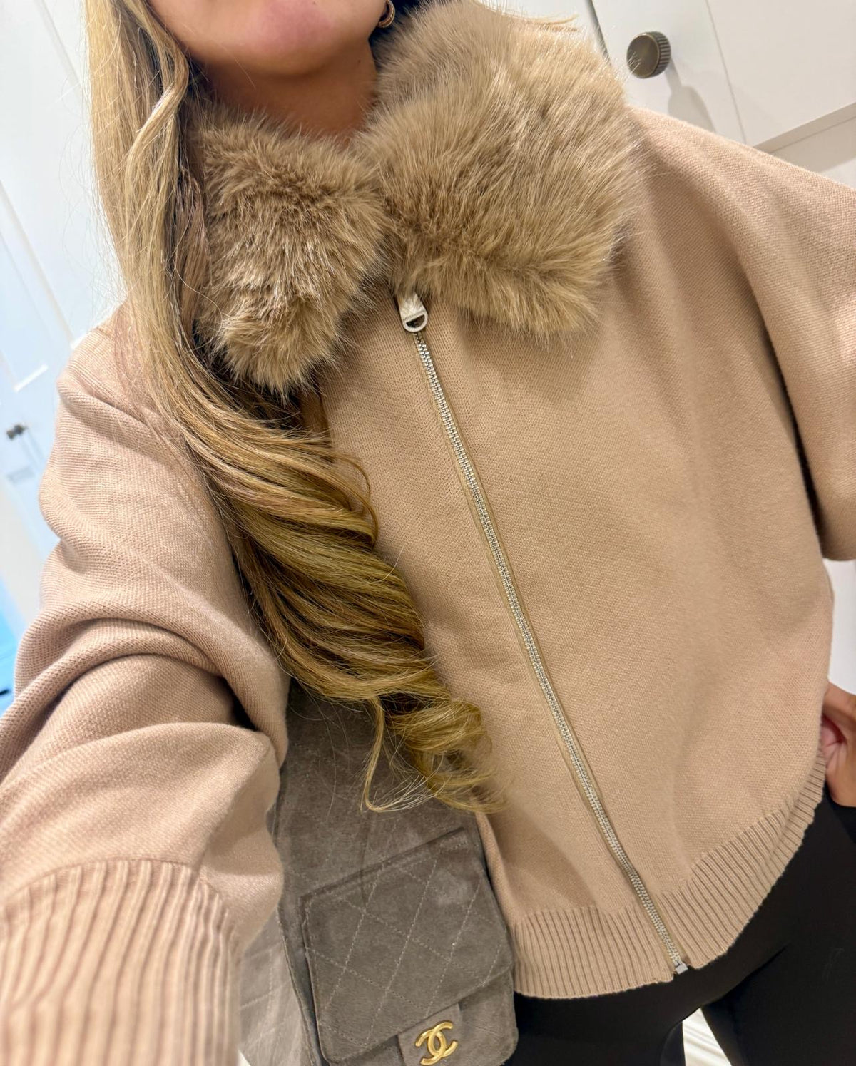 Collar fur cardigan - beige