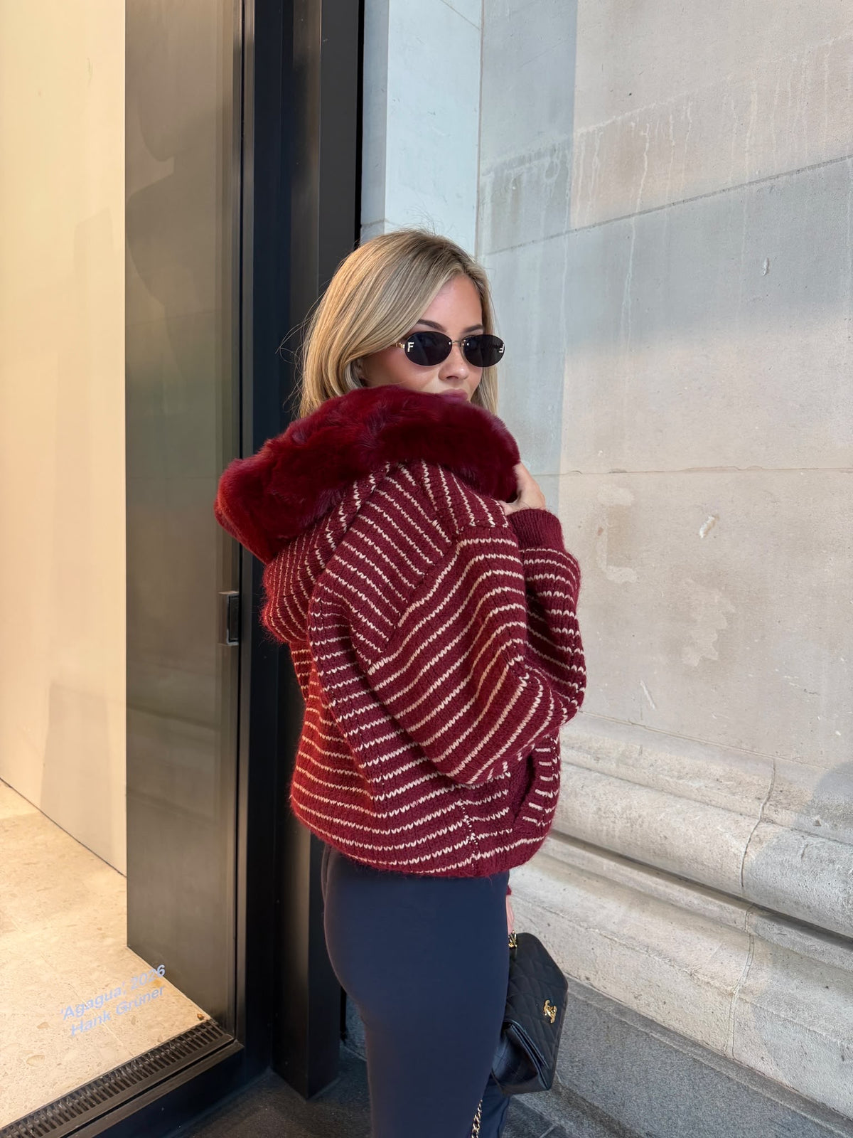 Stripe faux fur cardigan - red