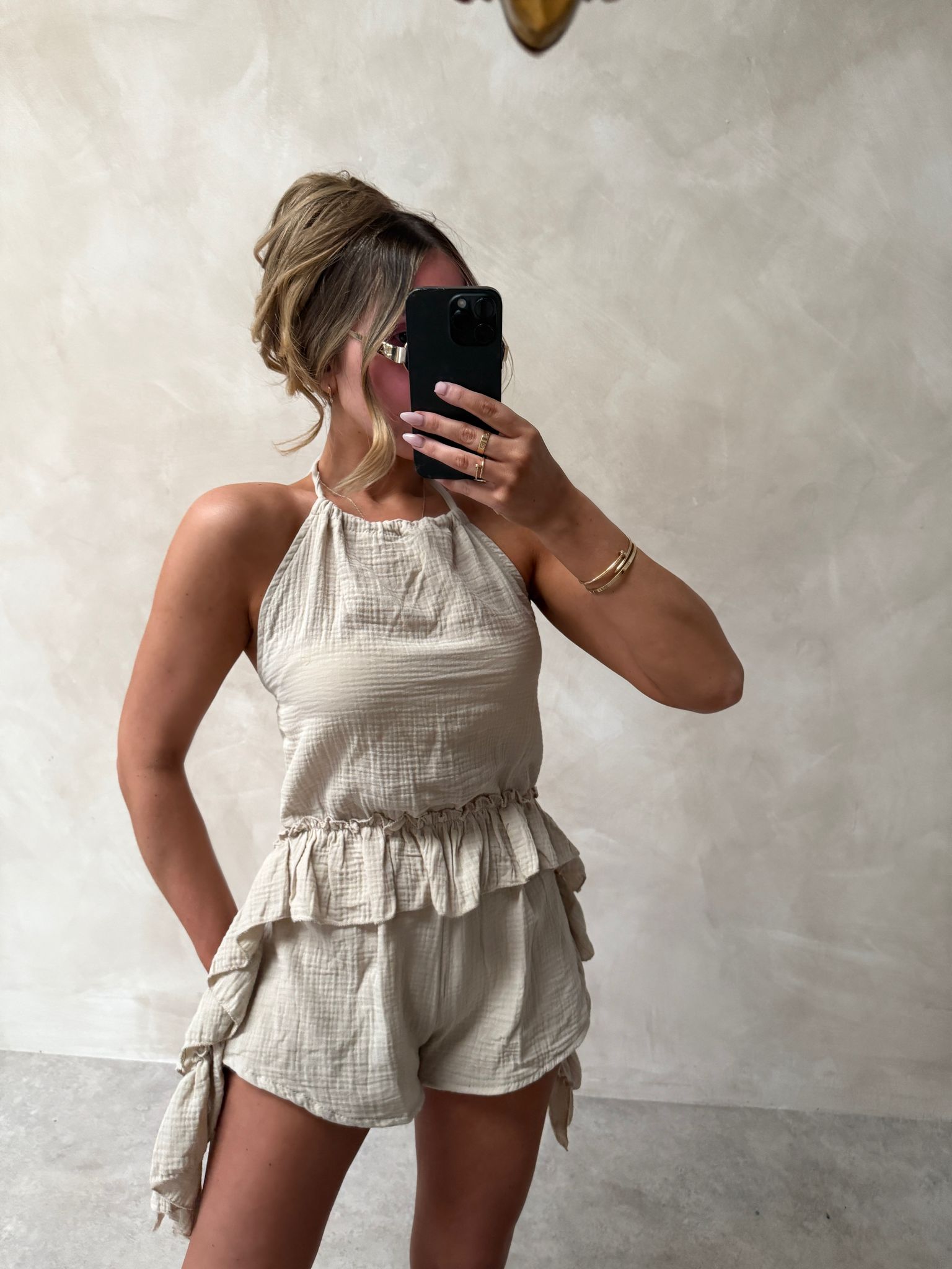 Cheesecloth halterneck ruffle set - beige