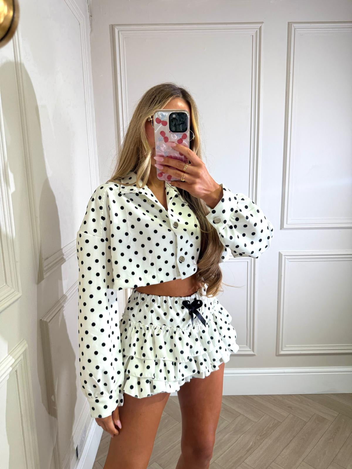 Ruffle polka dot set - white