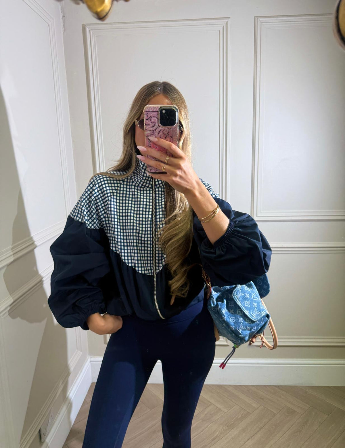 Puff arm gingham jacket - navy
