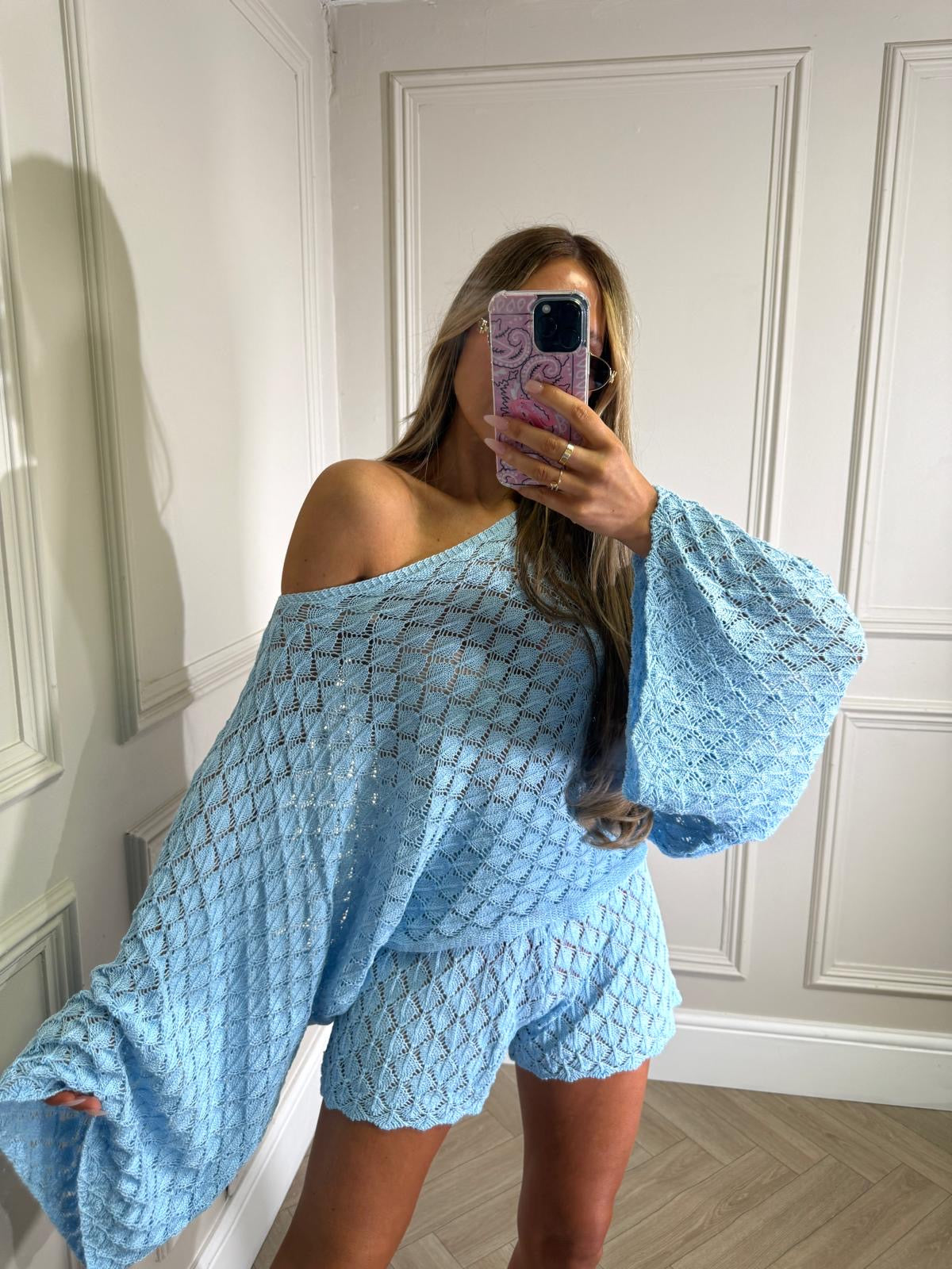 Off shoulder crochet co-ord - blue