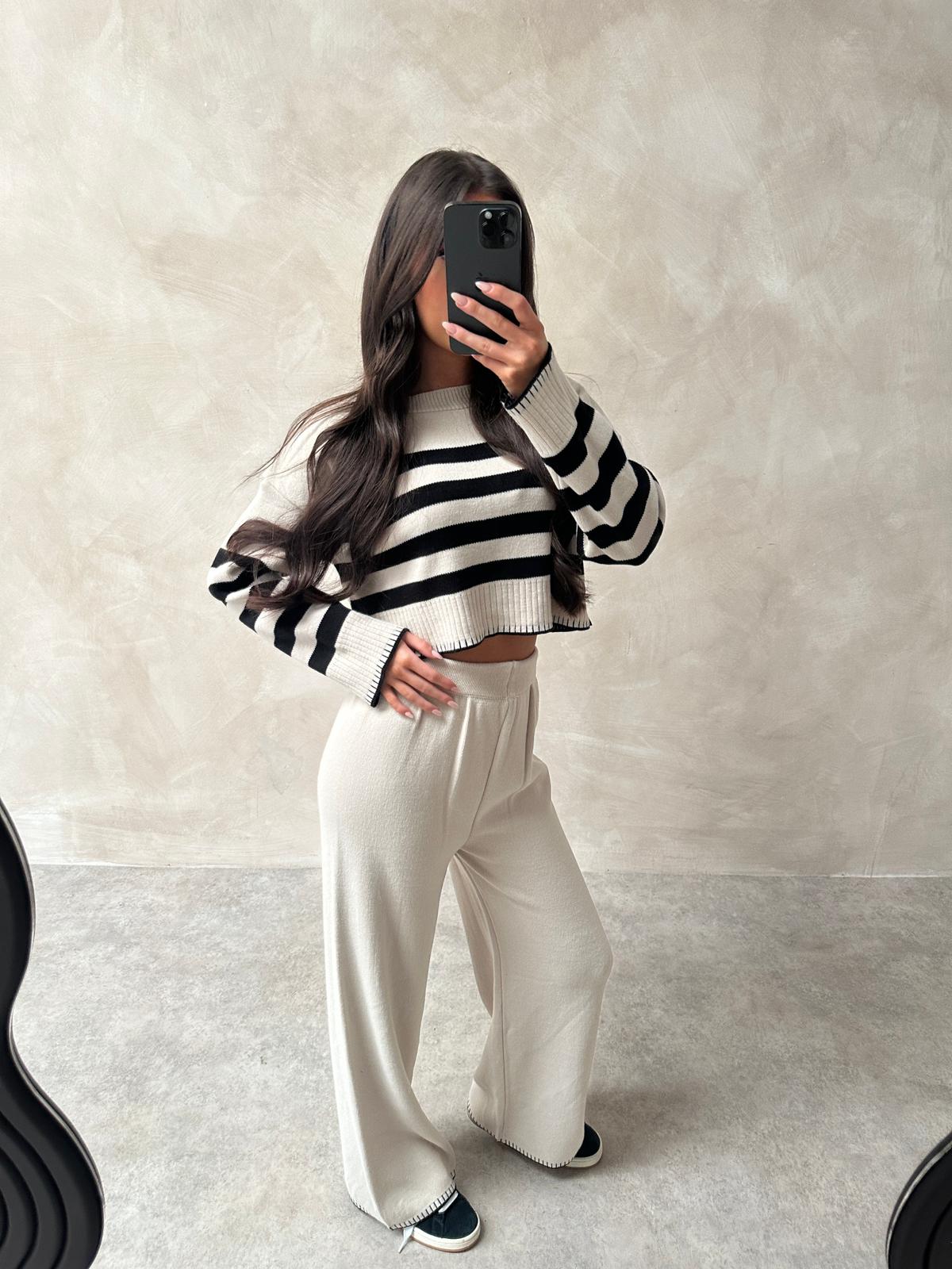 Knit stripe crop lounge set - cream