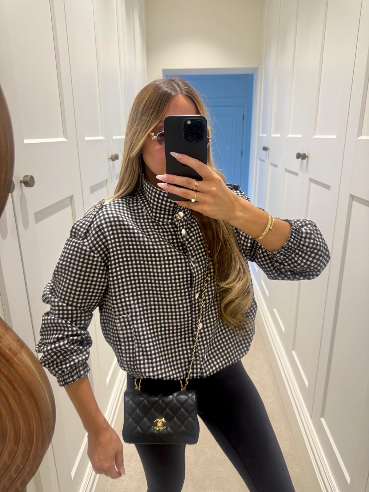 Silver button gingham jacket - black