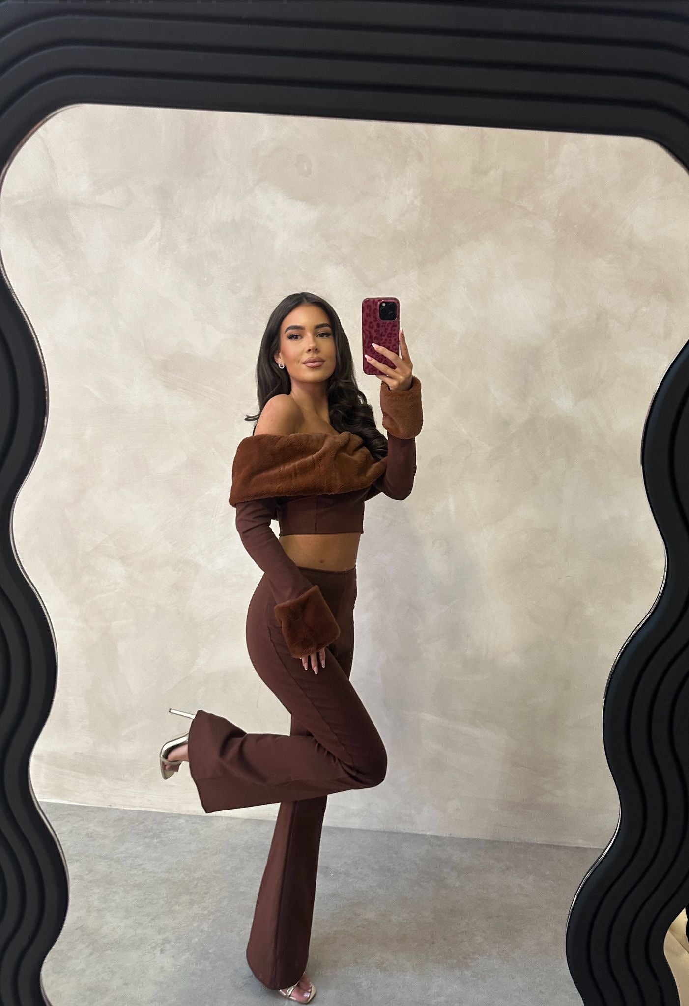 Fur off shoulder co-ord - brown