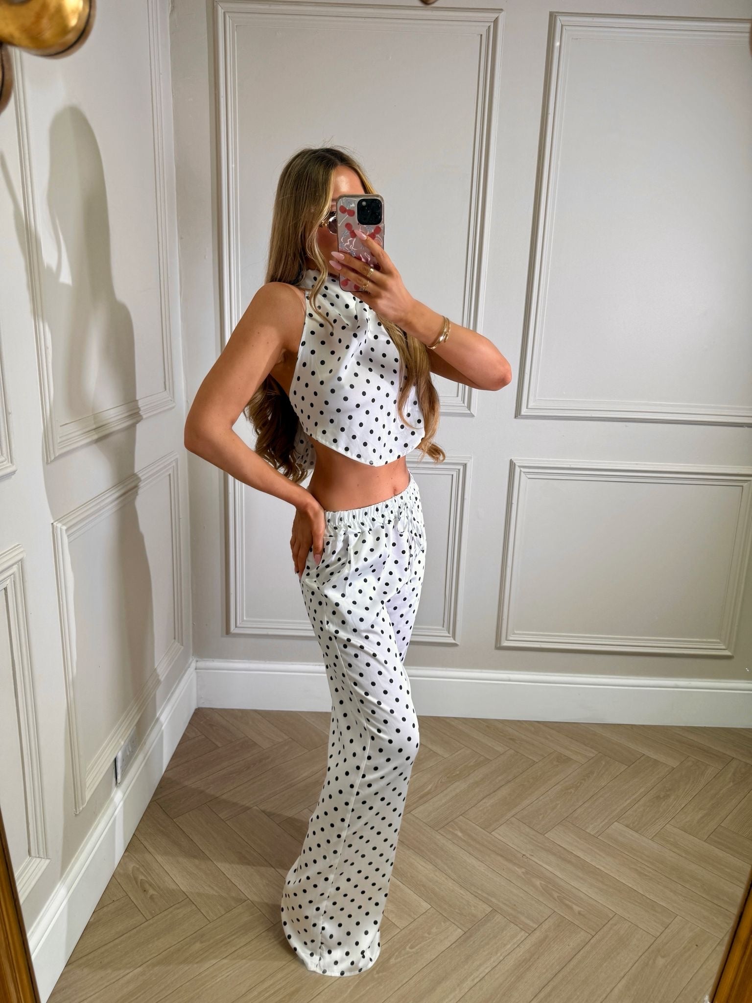 Halterneck dot trouser set - white