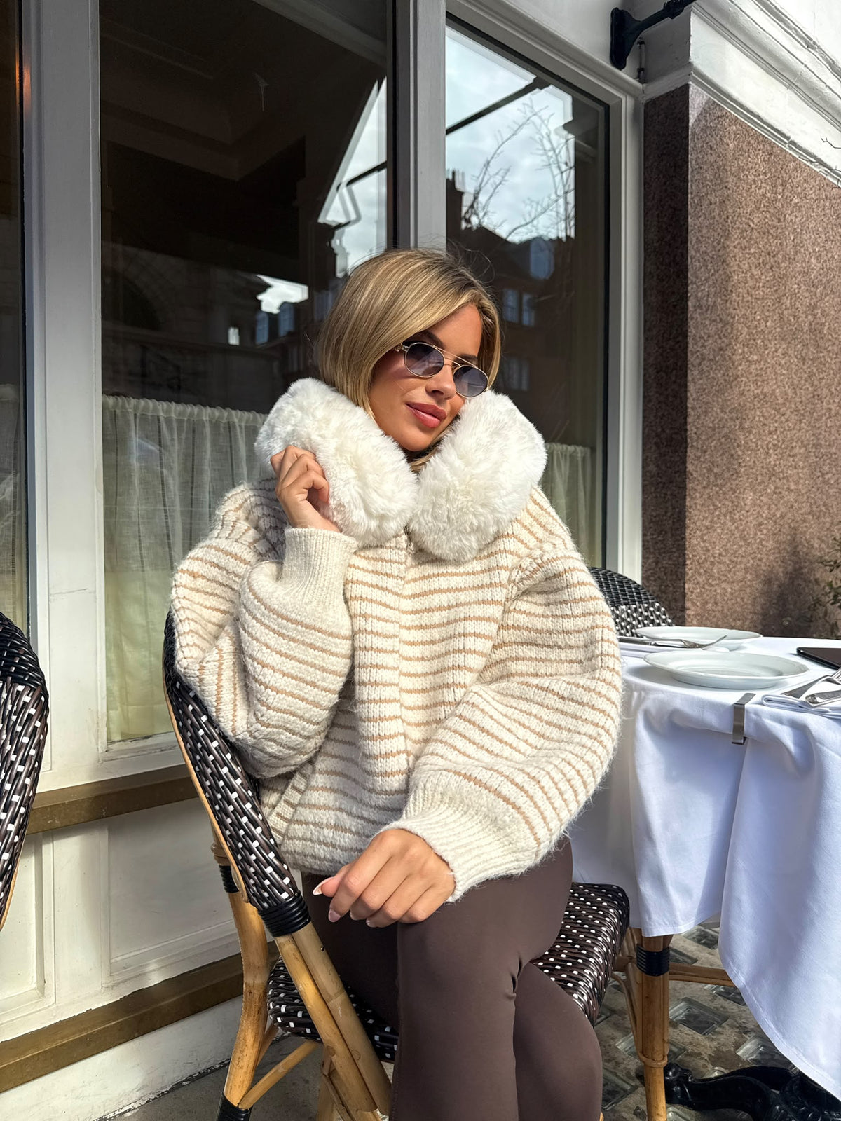 Stripe faux fur cardigan - cream