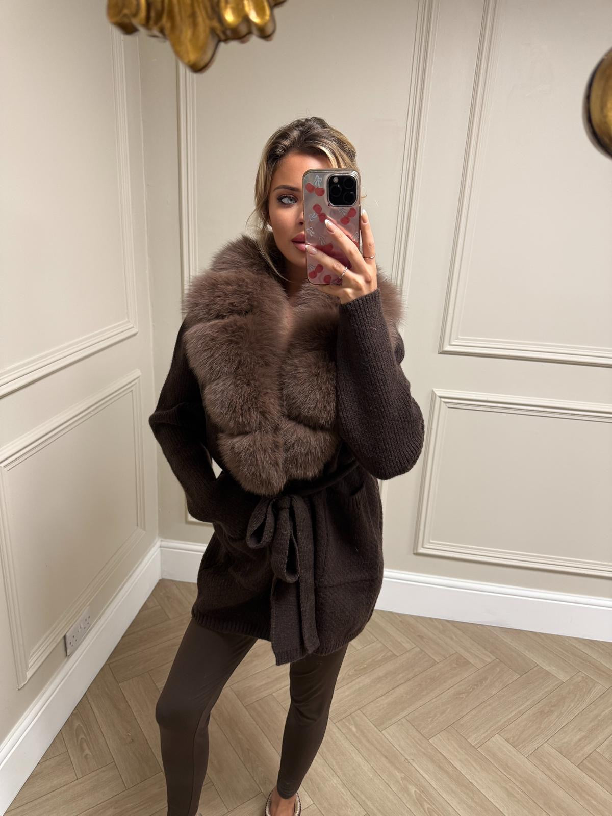 Long luxury fur collar cardigan - chocolate