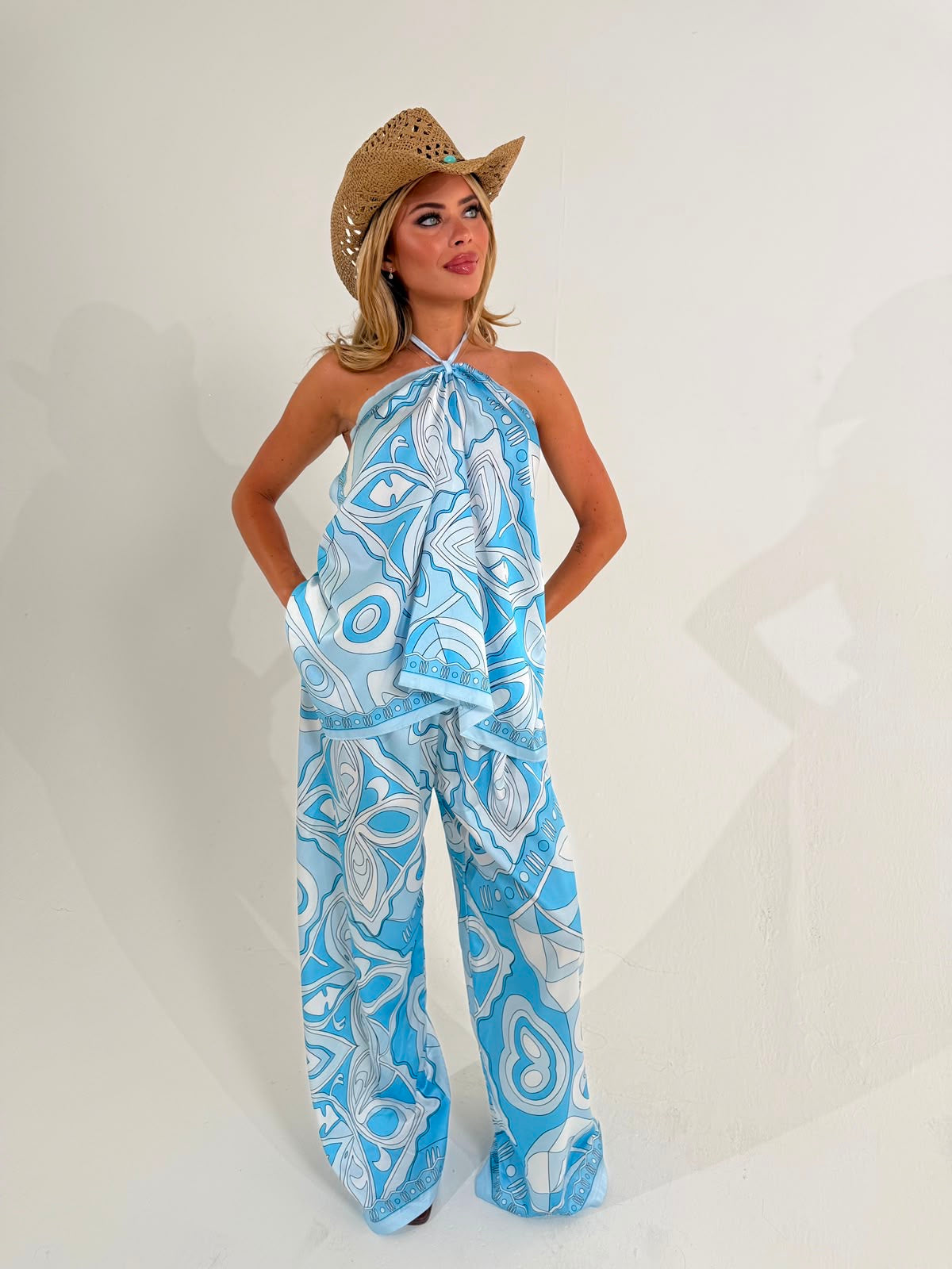 Pattern halterneck top & trouser set - blue