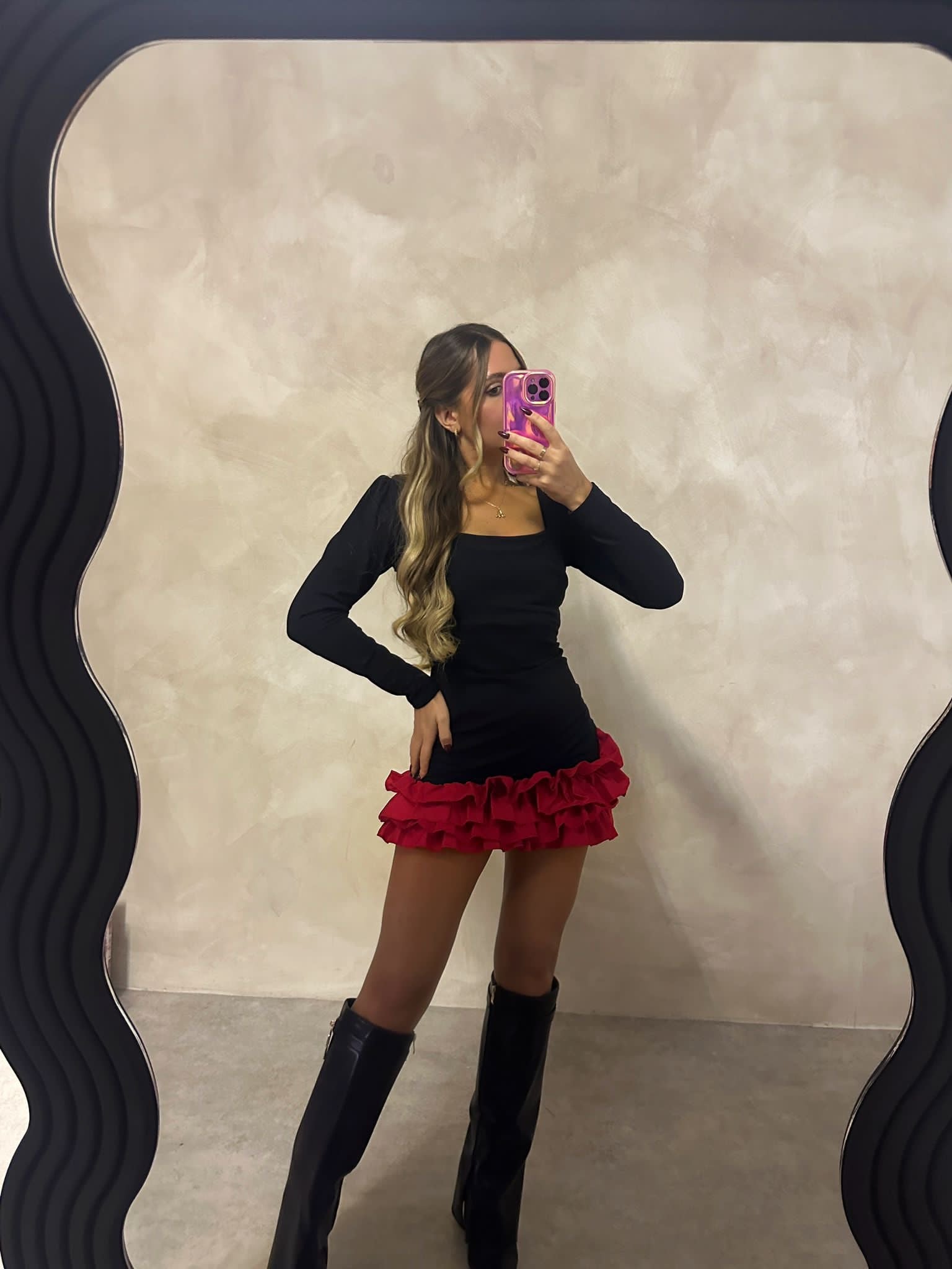 Frill Hem Dress - Red