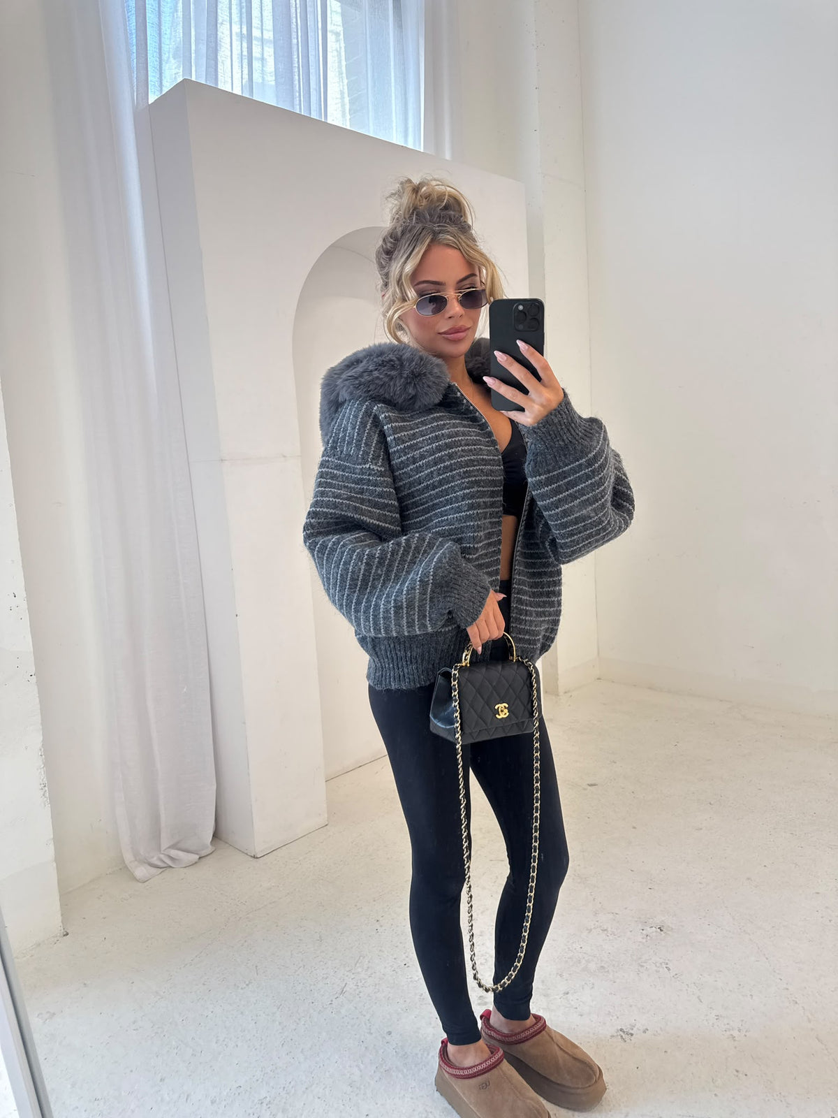 Stripe faux fur cardigan - grey