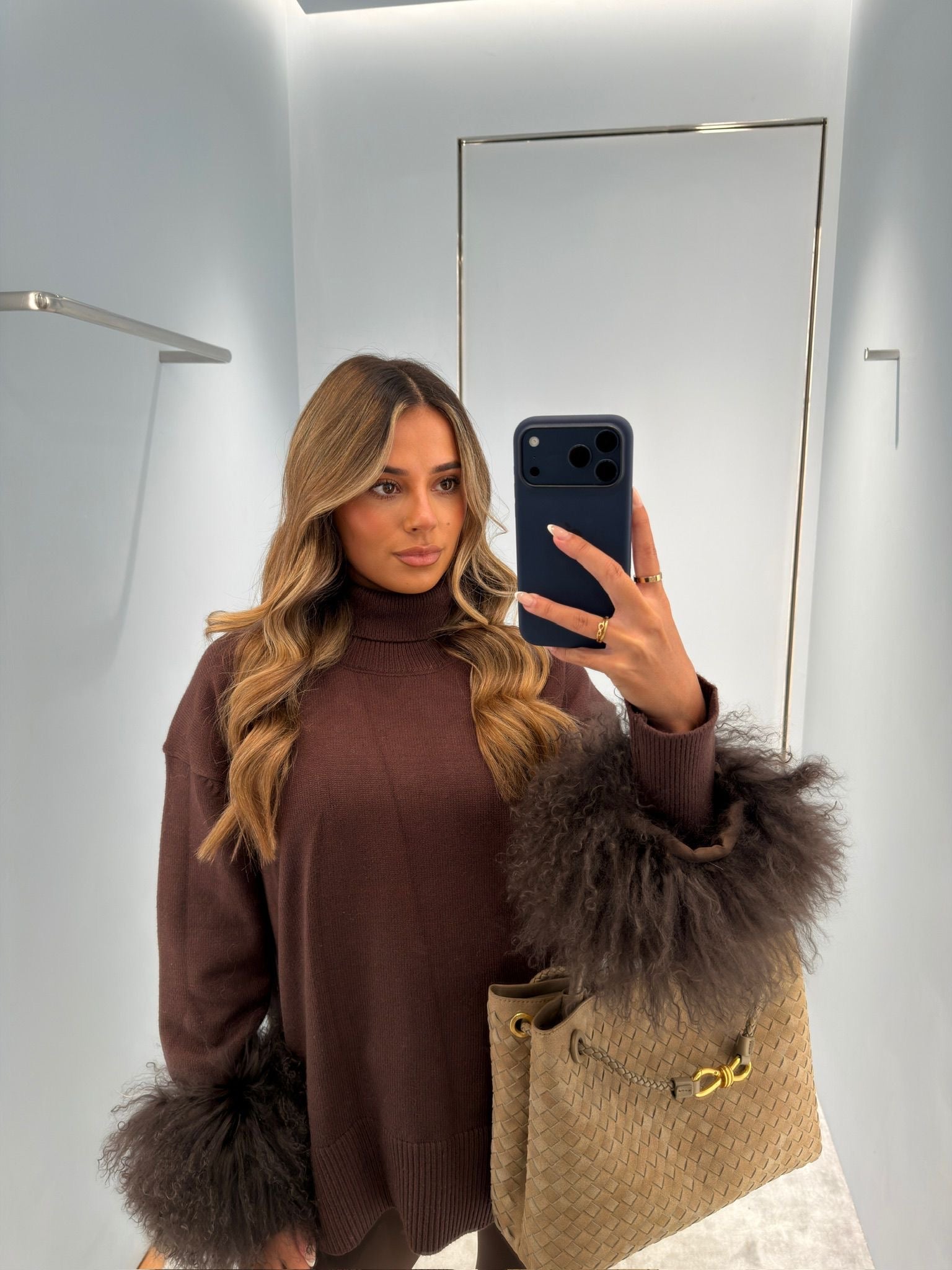 Valentina Fur Cuff Jumper - Chocolate - PRE ORDER