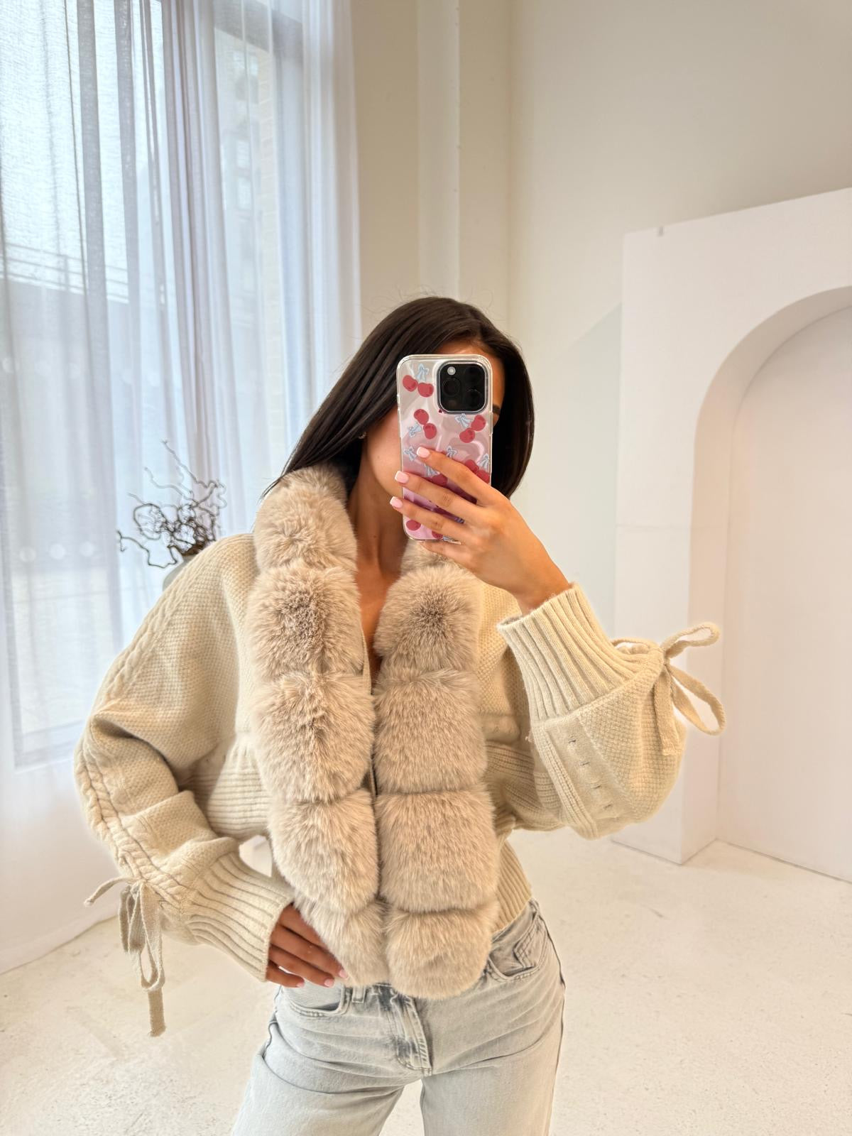 Knit fur cardigan - cream