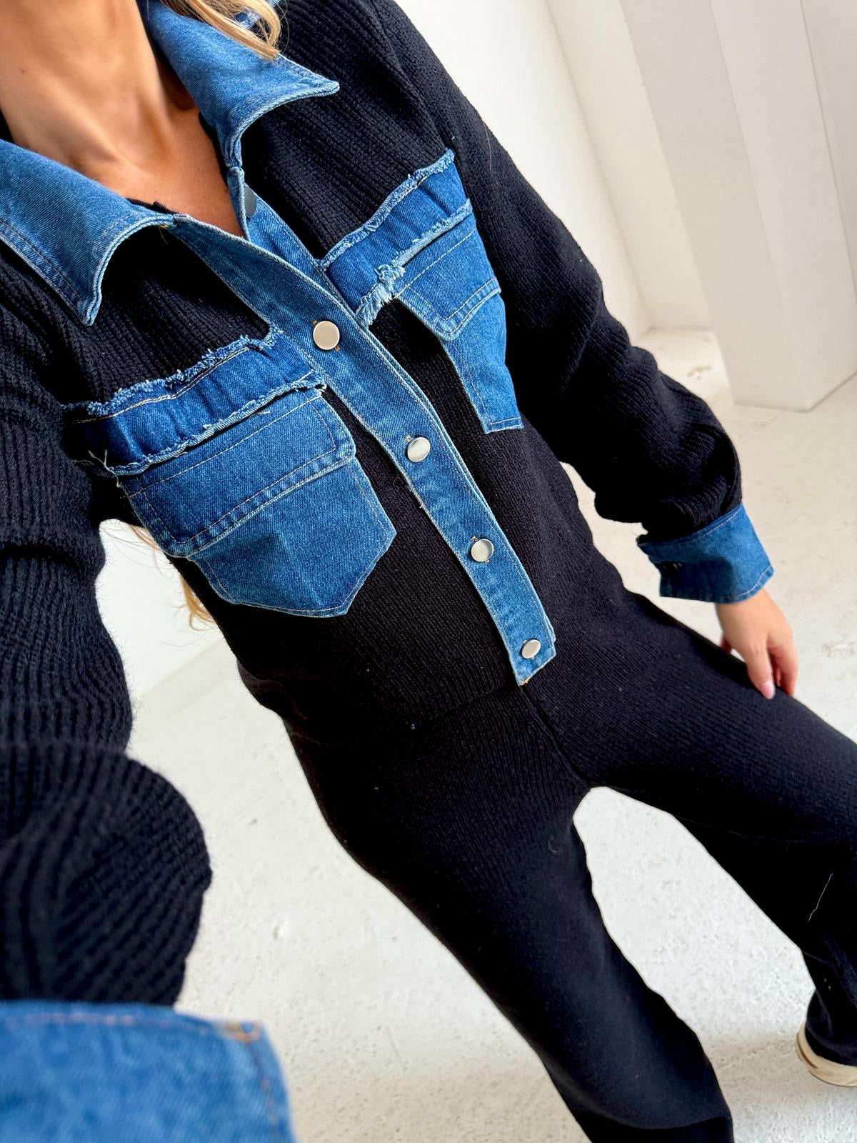Collar Knit Denim Lounge Set - Black