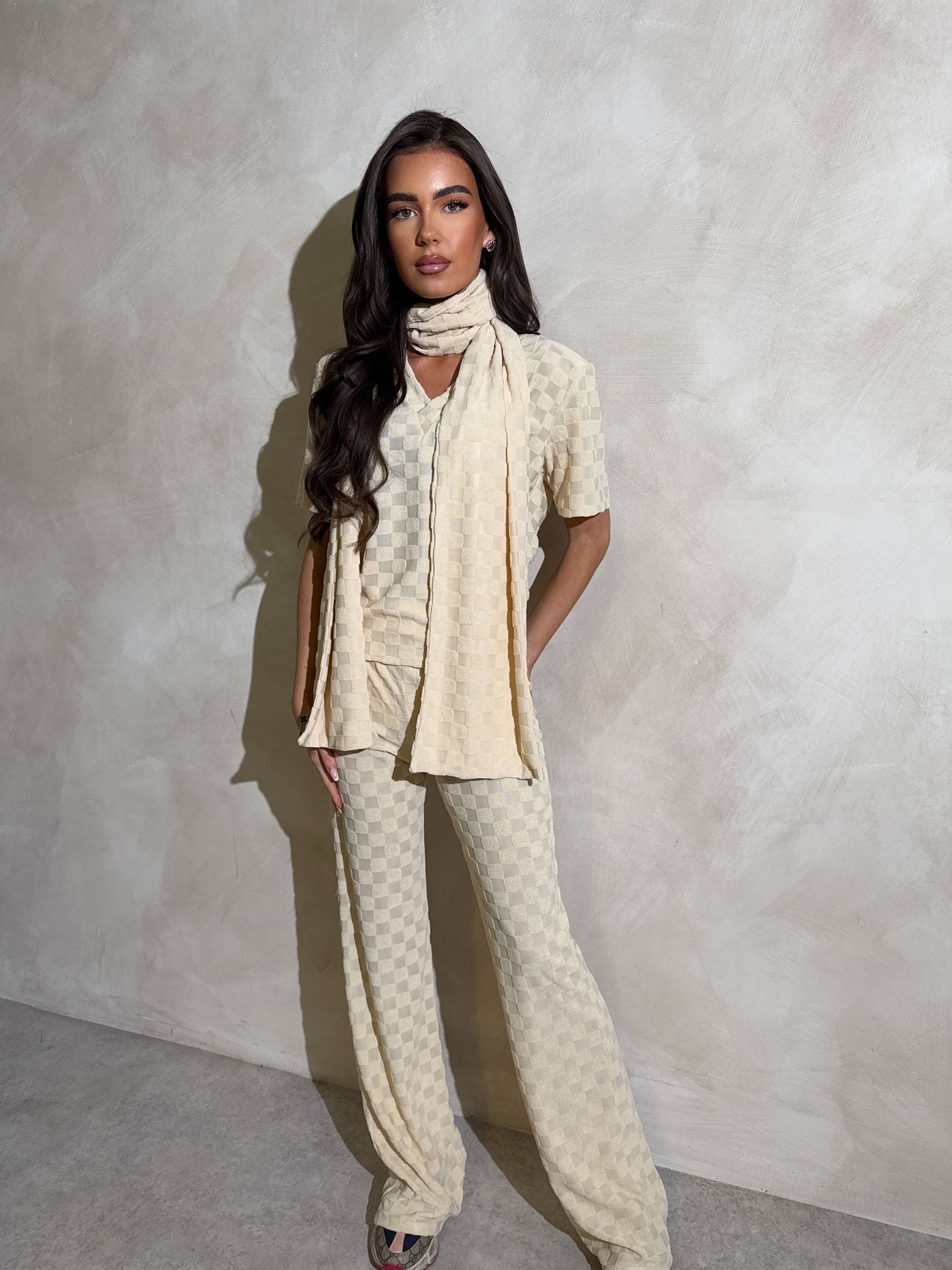 Scarf Square towelling trouser set - cream