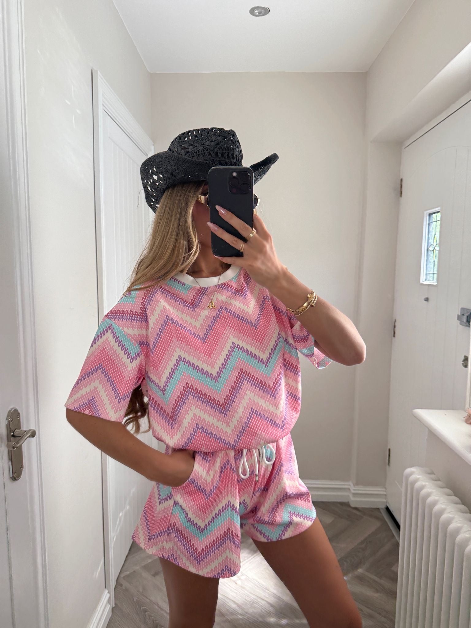Zig pattern tshirt co-ord - baby pink