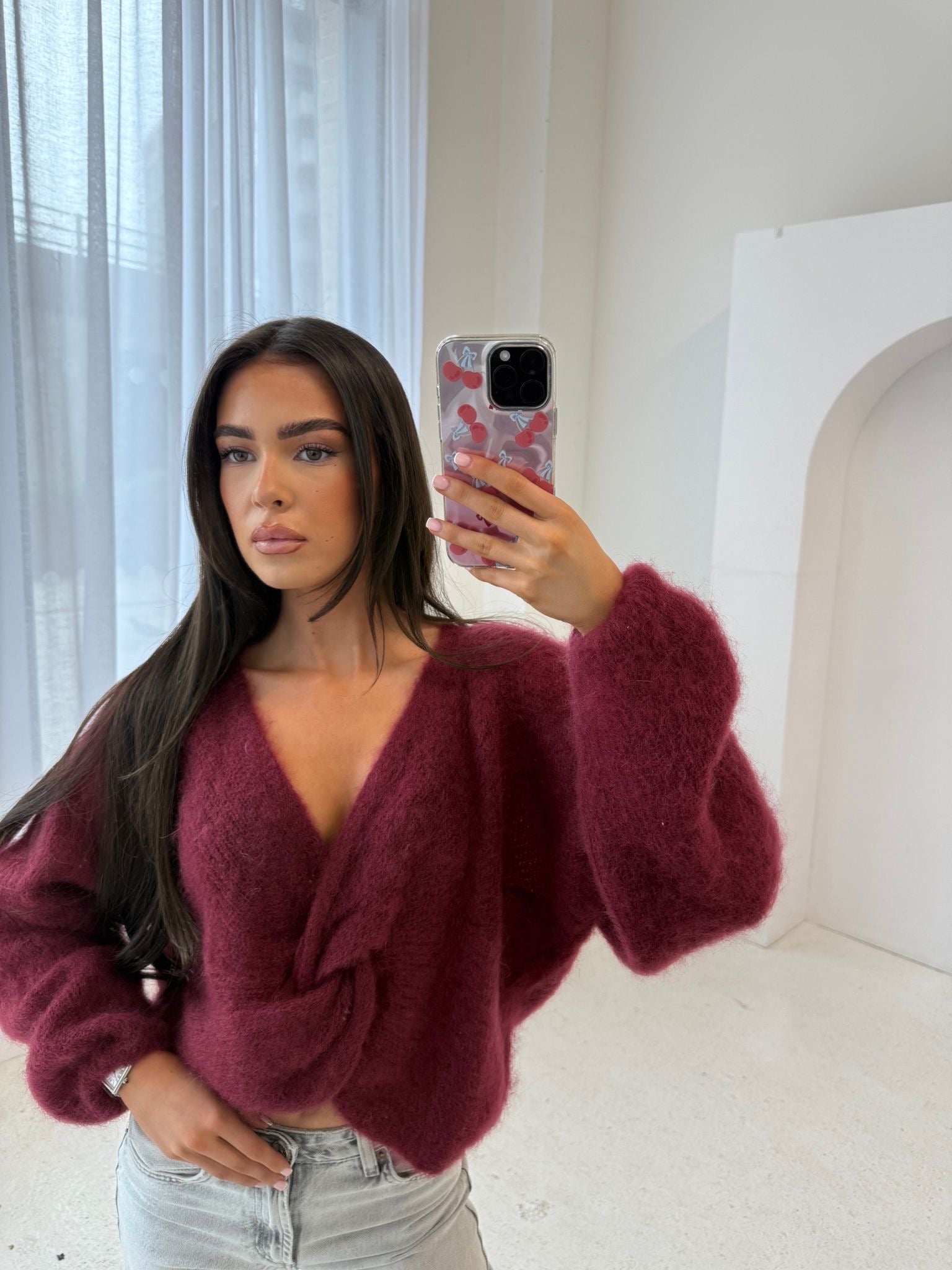Knit tie over jumper - wine