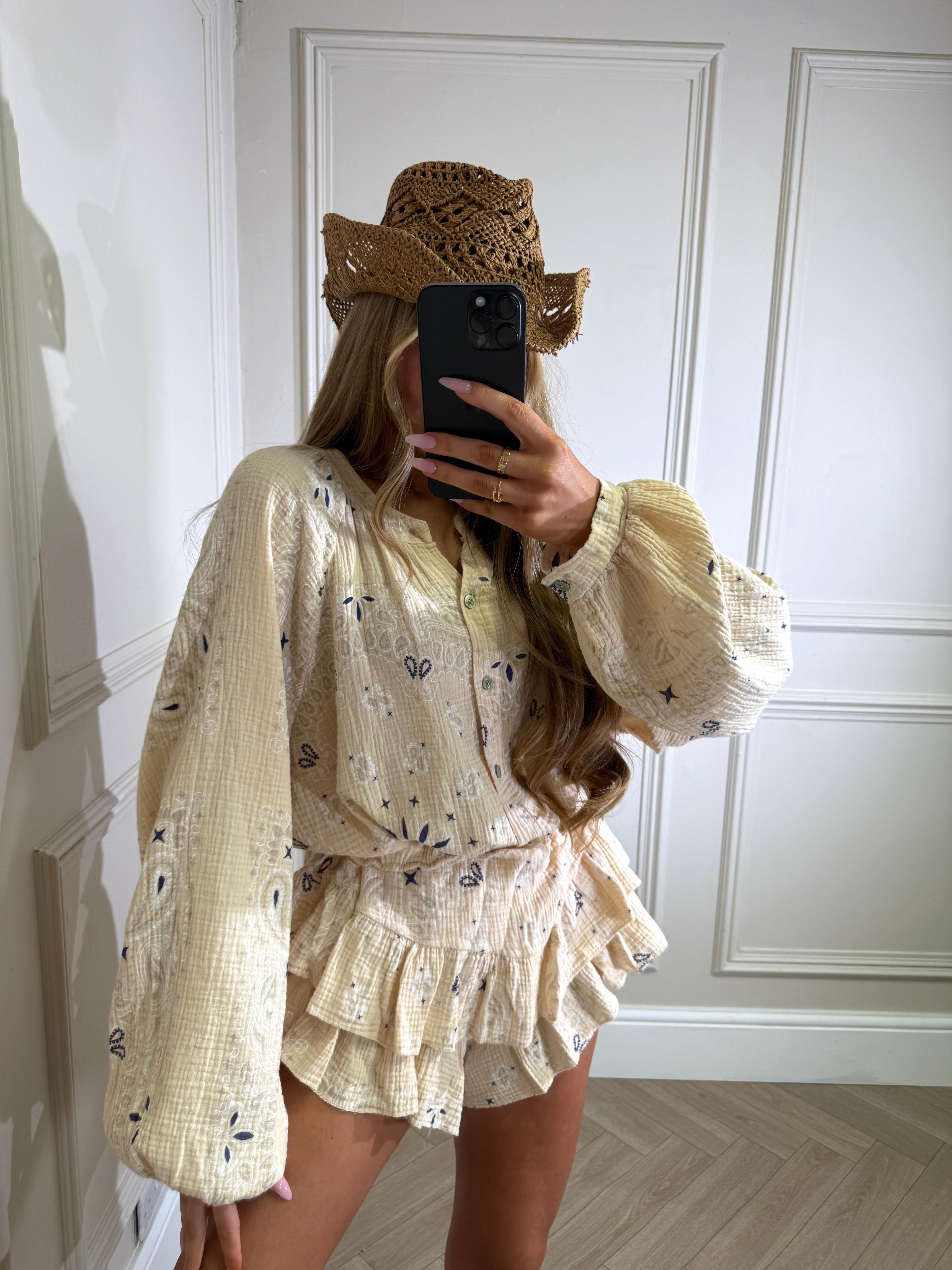 Grandad collar cheesecloth co-ord - Bandana beige