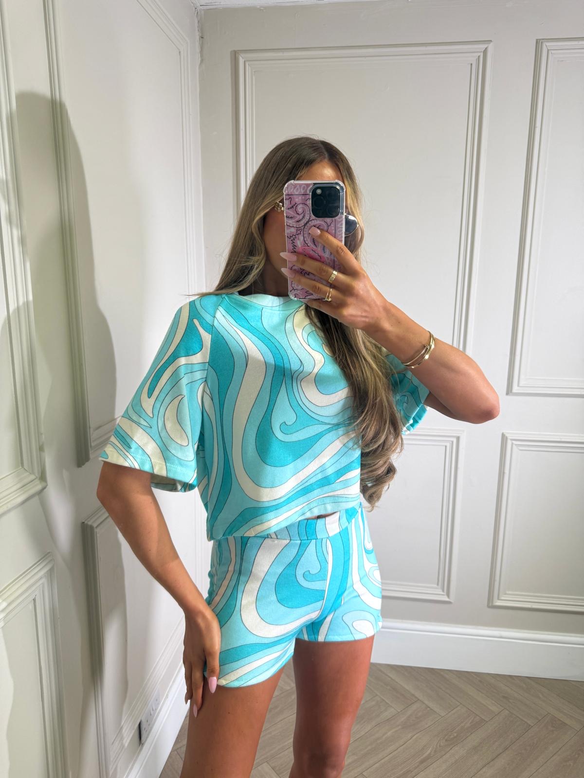 Towelling pattern short set - blue