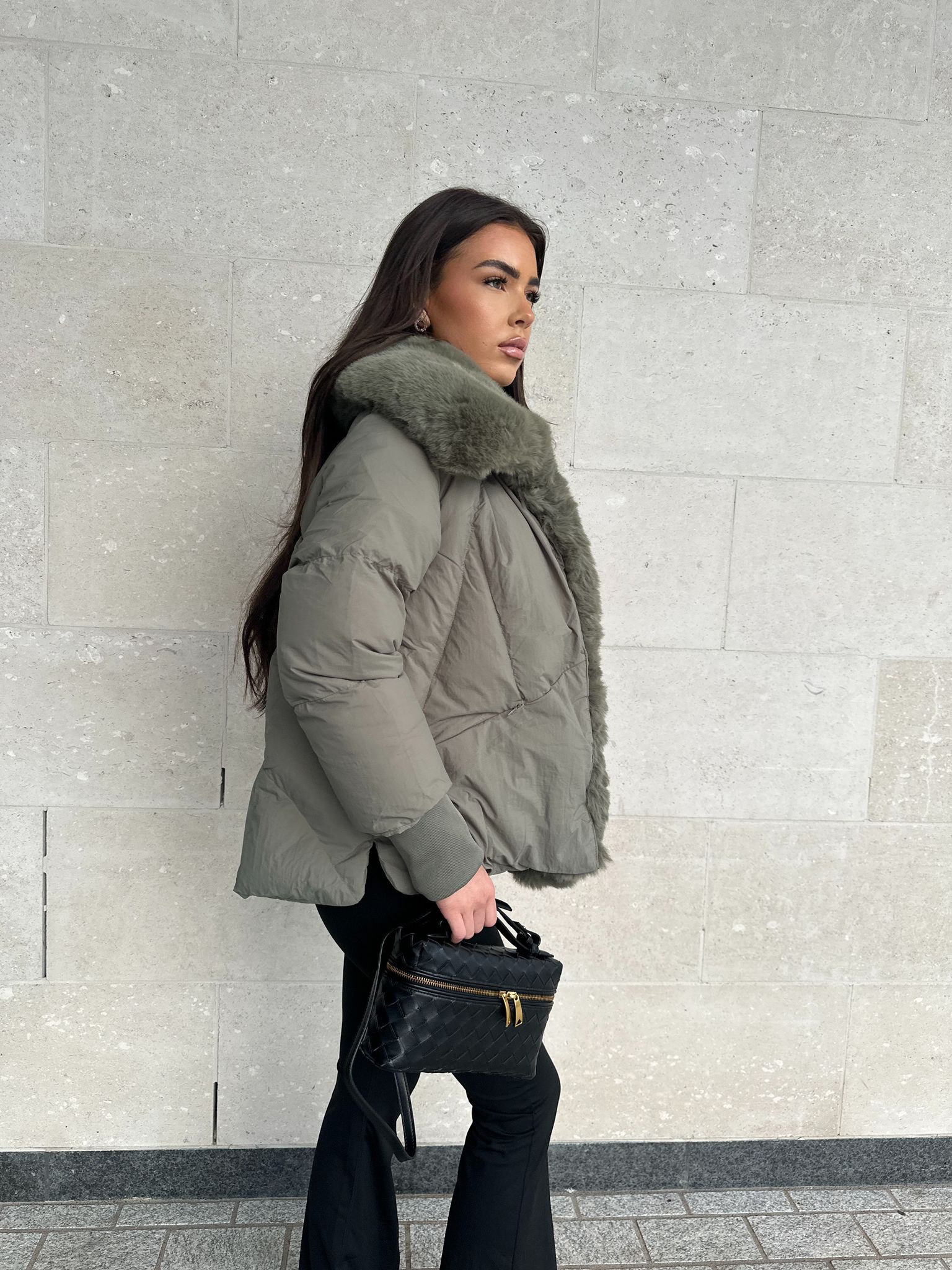 Faux Fur Collar Puffa Coat - Khaki