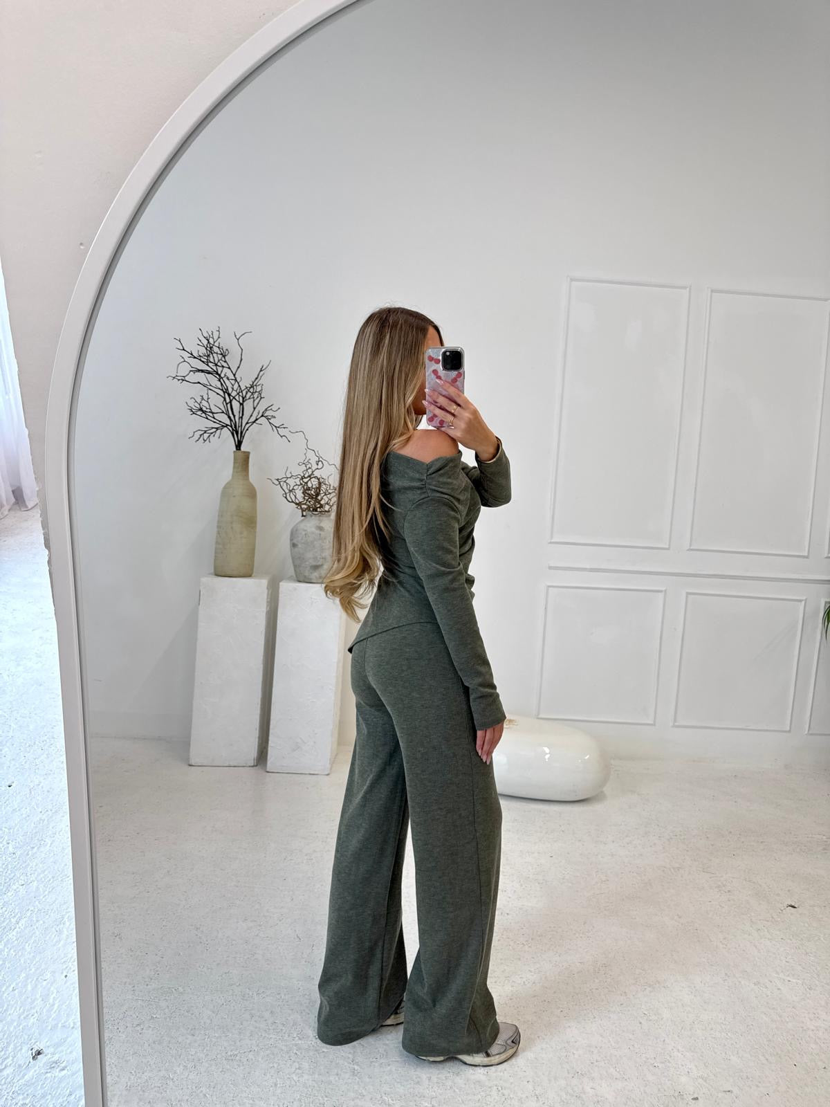 Knit asymmetric lounge set - khaki
