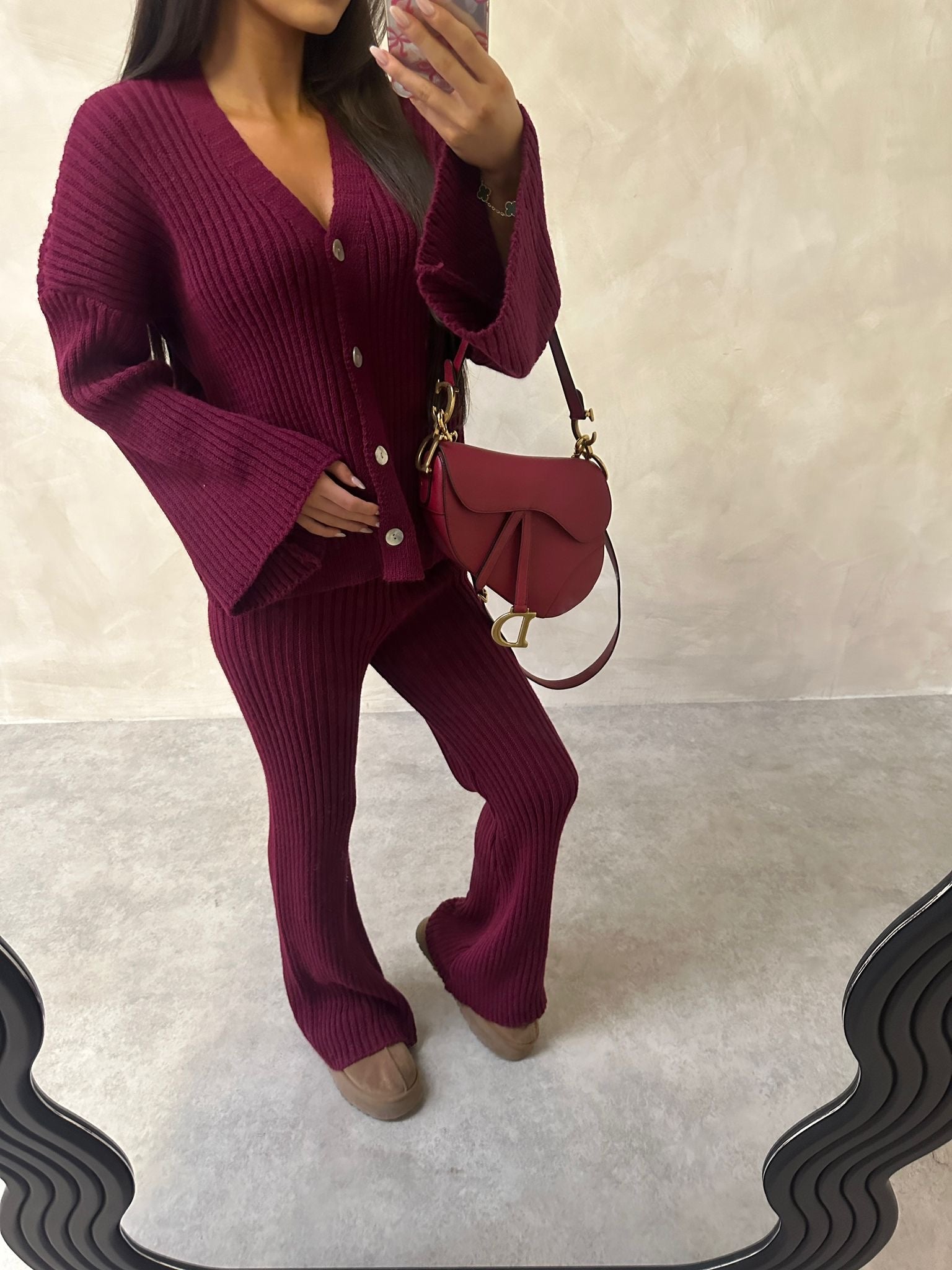 Knit cardigan lounge set - burgundy