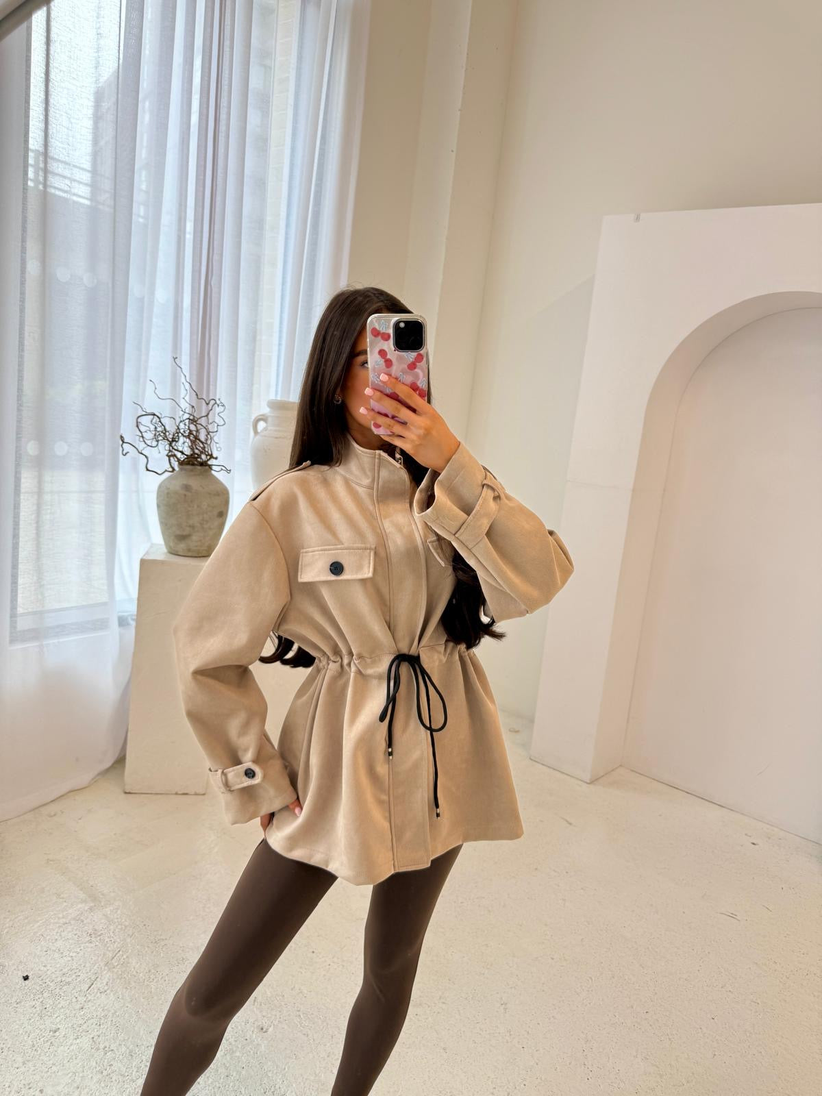 Suede pull in jacket - beige