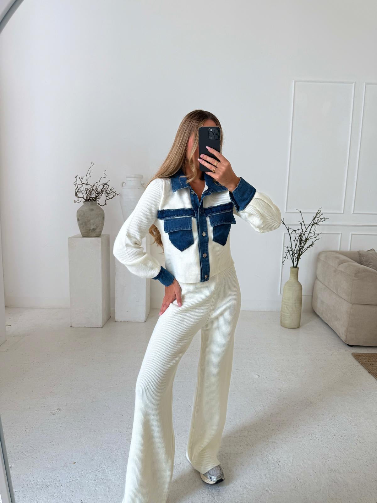 Collar Knit Denim Lounge Set - Cream