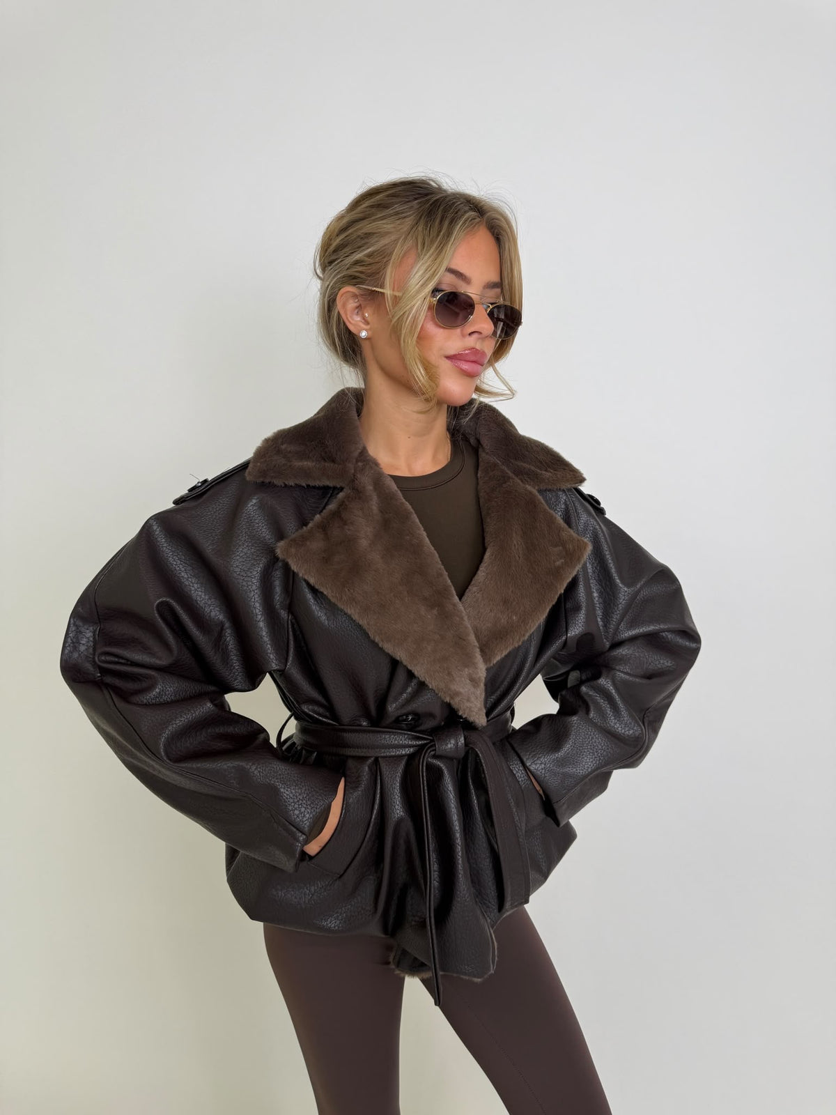 Faux leather with fur jacket - chocolate