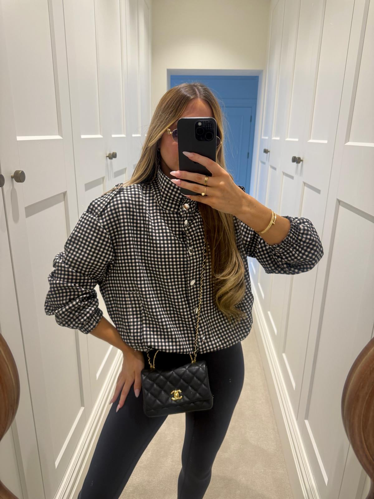 Silver button gingham jacket - black