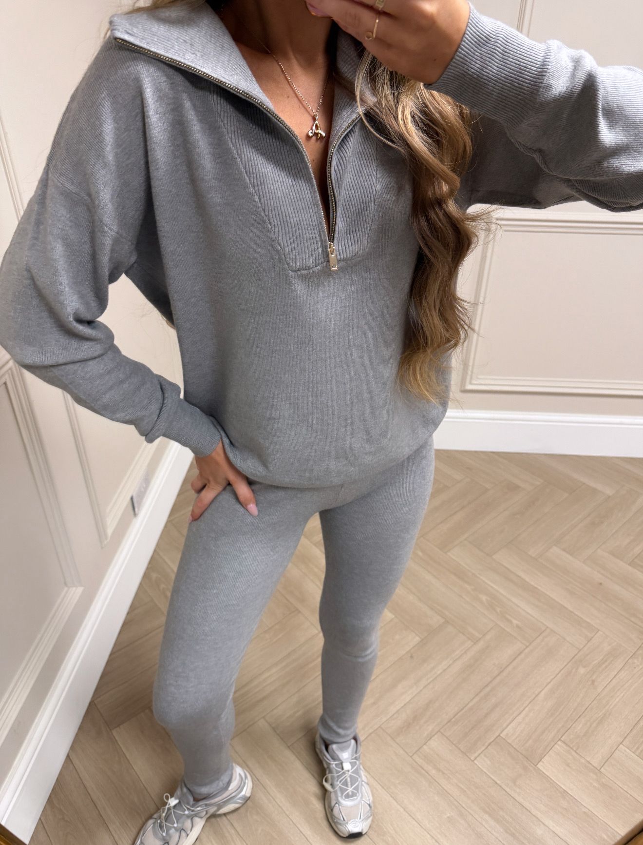 Quarter zip knit lounge set - grey