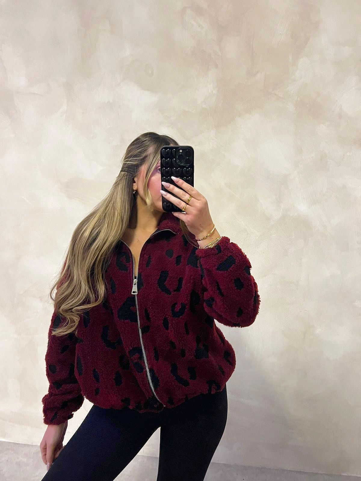 animal print teddy zip jacket - wine