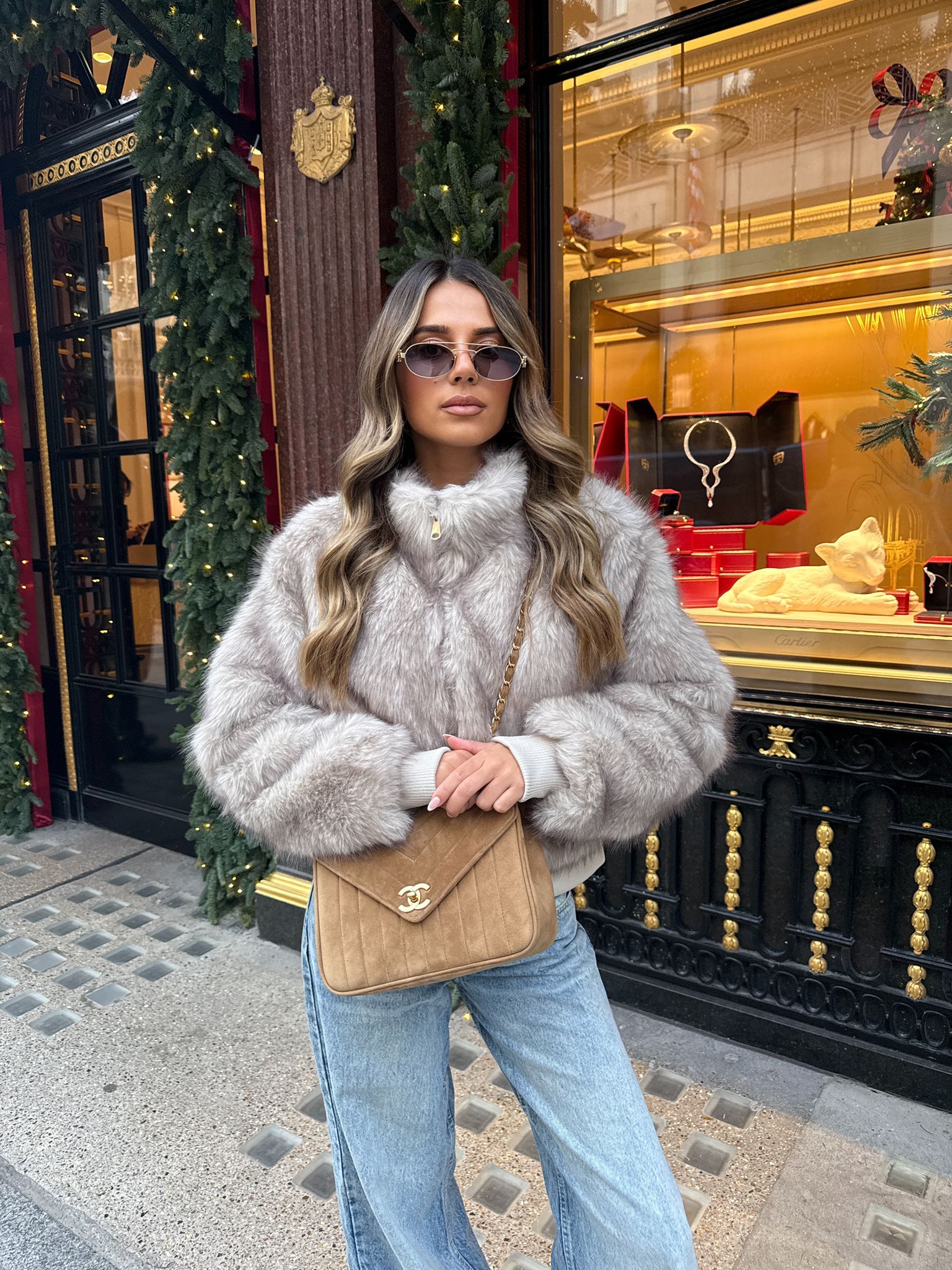 Amelia Fur Bomber Jacket - beige