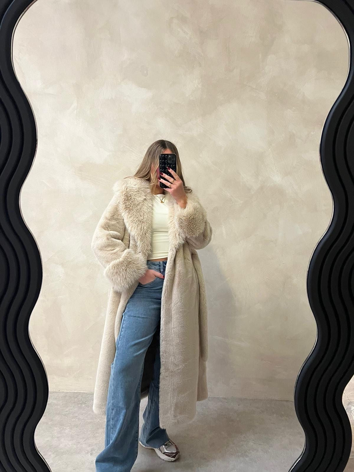 Luxury belted faux fur coat - cream