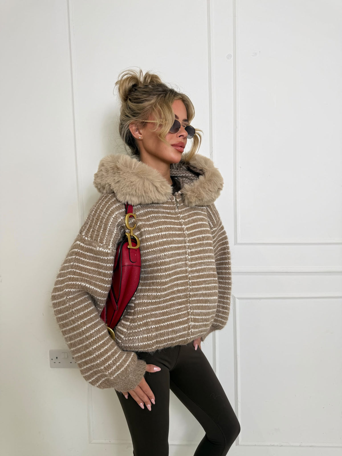 Stripe faux fur cardigan - beige